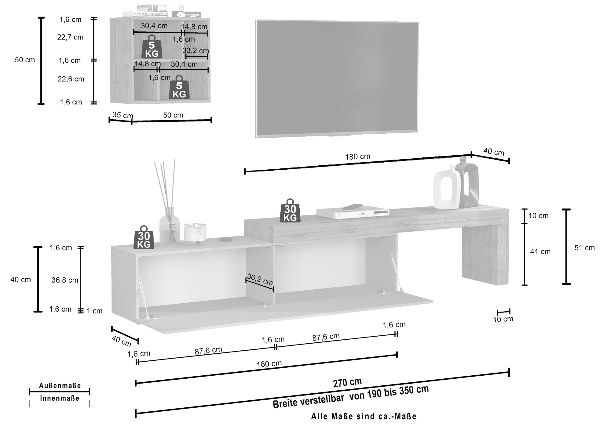 OTTO home TV-Wand »Chronos TV-Set, Wohnwand – Elemente frei platzierbar, Made in Italy« Set, 2-er set, 2 Stk. tlg.