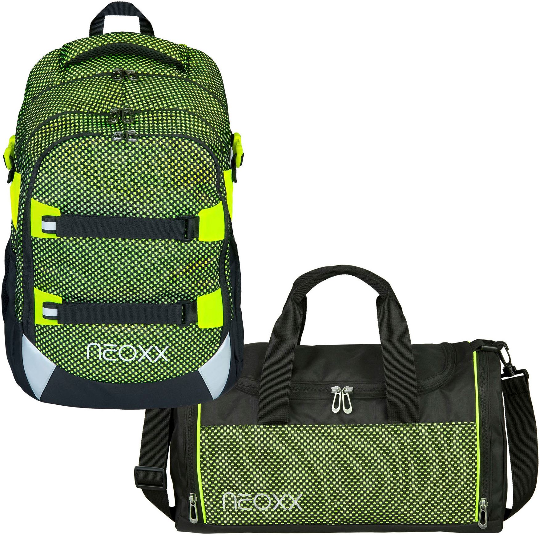 neoxx Schulrucksack »All about Neon Rucksack & Sporttasche«, Reflektorflächen, aus recycelten PET-Flaschen