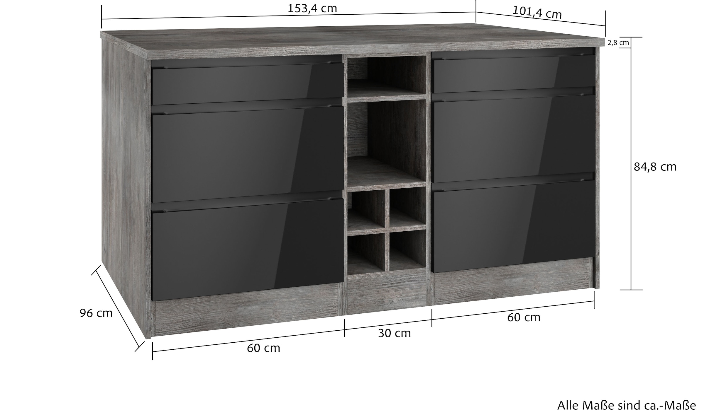 KOCHSTATION Kücheninsel »KS-Virginia«, Breite 153 cm, MDF-Fronten, Flaschenregal