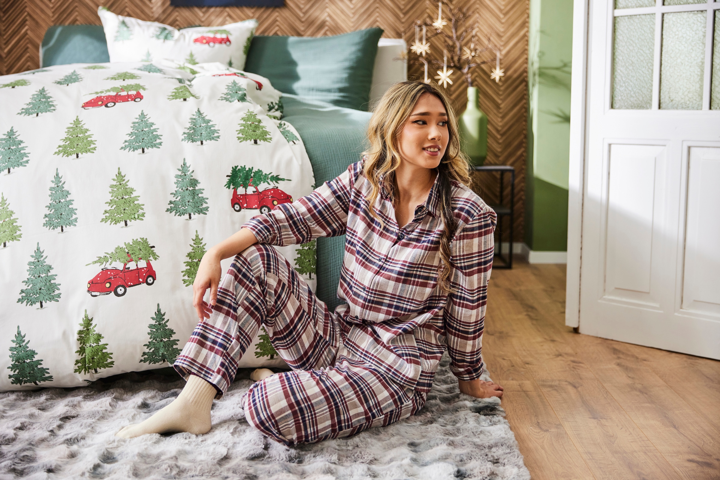 Schiesser Schlafanzug »Familiy« 2 tlg. kariert, Knöpfe vorn, Baumwolle, langärmelig