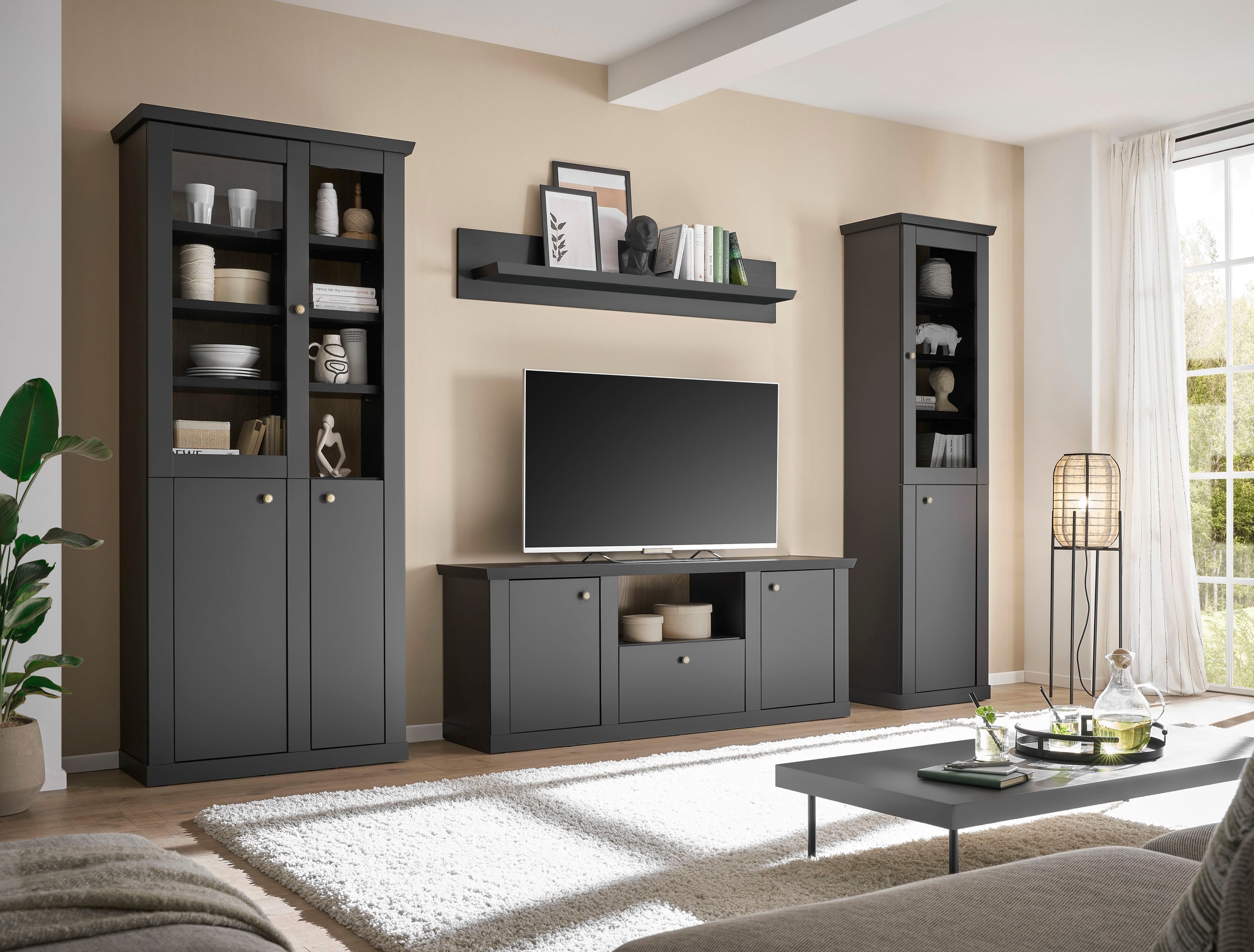 Home affaire Vitrine »Lincoln, Hochschrank im Landhausstil, moderne Glasvitrine« edles Design, messingfarbene Knopfgriffe, vielseitig einsetzbar