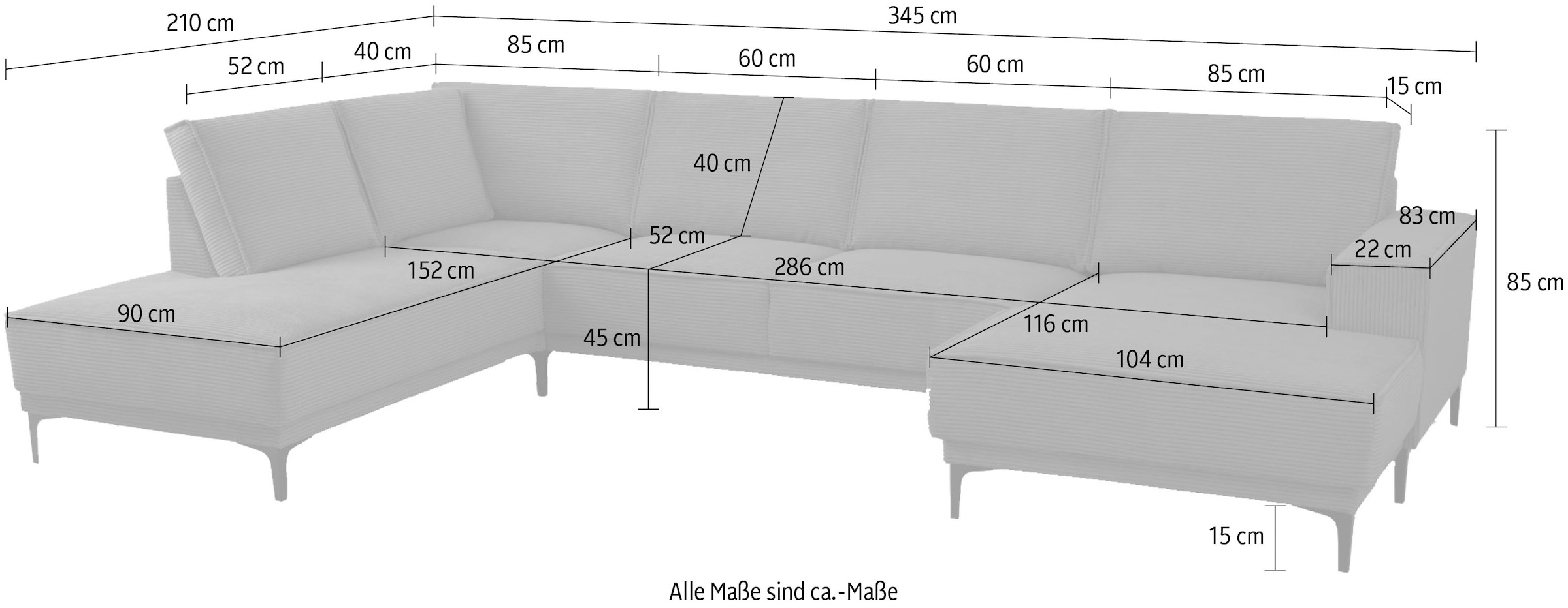 OTTO home Wohnlandschaft »XXL Sofa Oland, Struktur, Flachgewebe, Luxus-Microfaser, Boucle« U-Form, 345 cm, Wellenunterfederung, Skandi-Design, Metallfüße