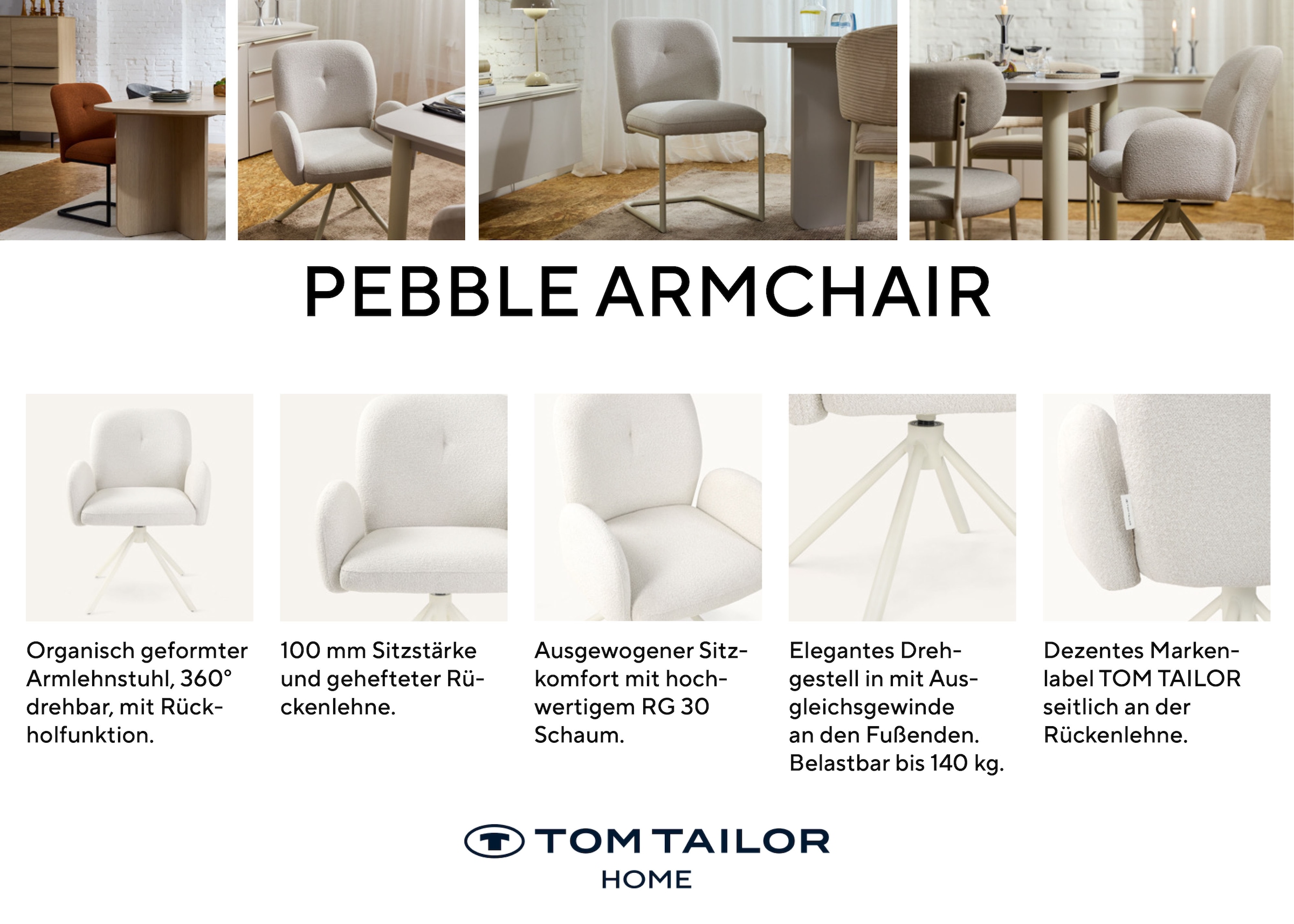 TOM TAILOR HOME Armlehnstuhl »PEBBLE ARMCHAIR« (Set) 2 Stk.Esszimmerstuhl, mit Armlehnen, 4-Fußgestell, 140 kg belastbar, drehbar