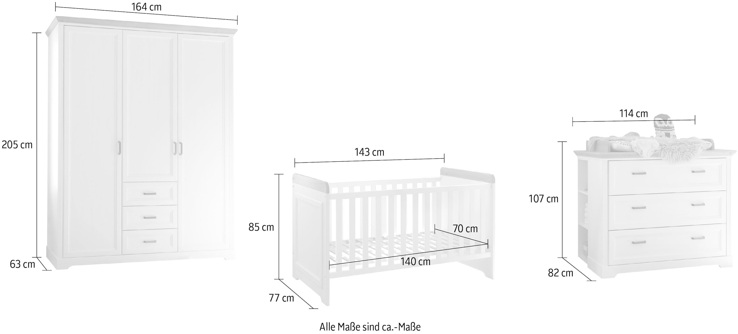 Begabino Babyzimmer-Komplettset »Jasmin«, (Set, 3 tlg.), bestehend aus Kleiderschrank, Babybett, Wickelkommode