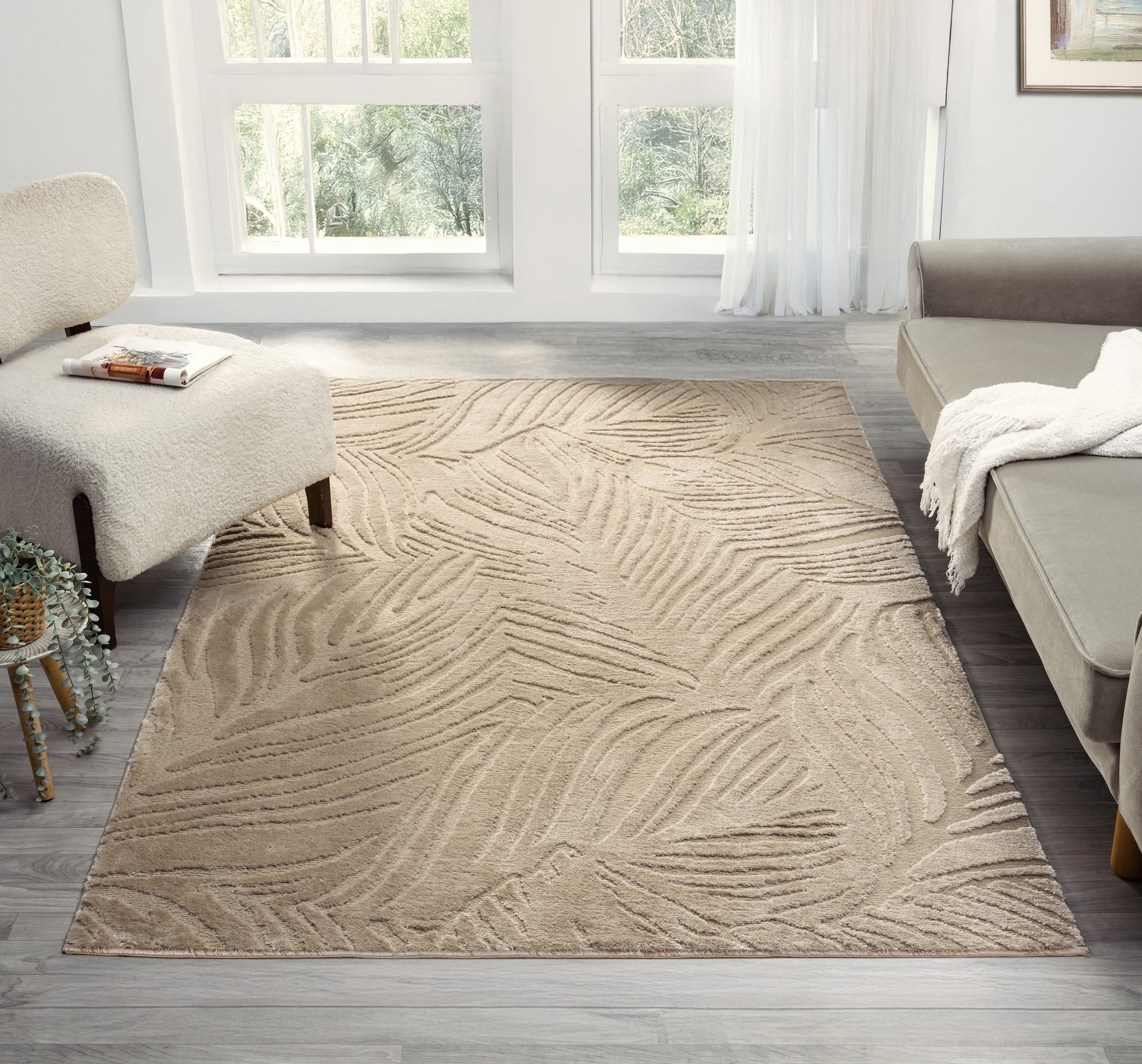 OTTO home Teppich »Samia, Hoch-Tief-Struktur« rechteckig 19 mm Höhe leichter Glanz, Floral, Blätter, Modern, Wohnzimmer, Schlafzimmer