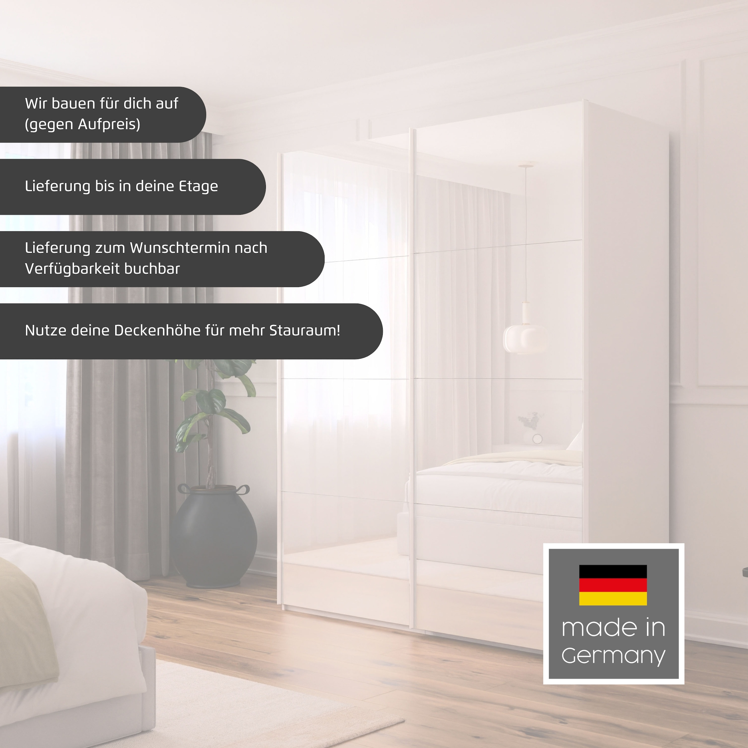 rauch Schwebetürenschrank »Kleiderschrank Schrank Garderobe Schlafzimmerschrank SCALE-FYRA«, edle Türen viergeteilt Glas matt/glänzend viele Farben MADE IN GERMANY