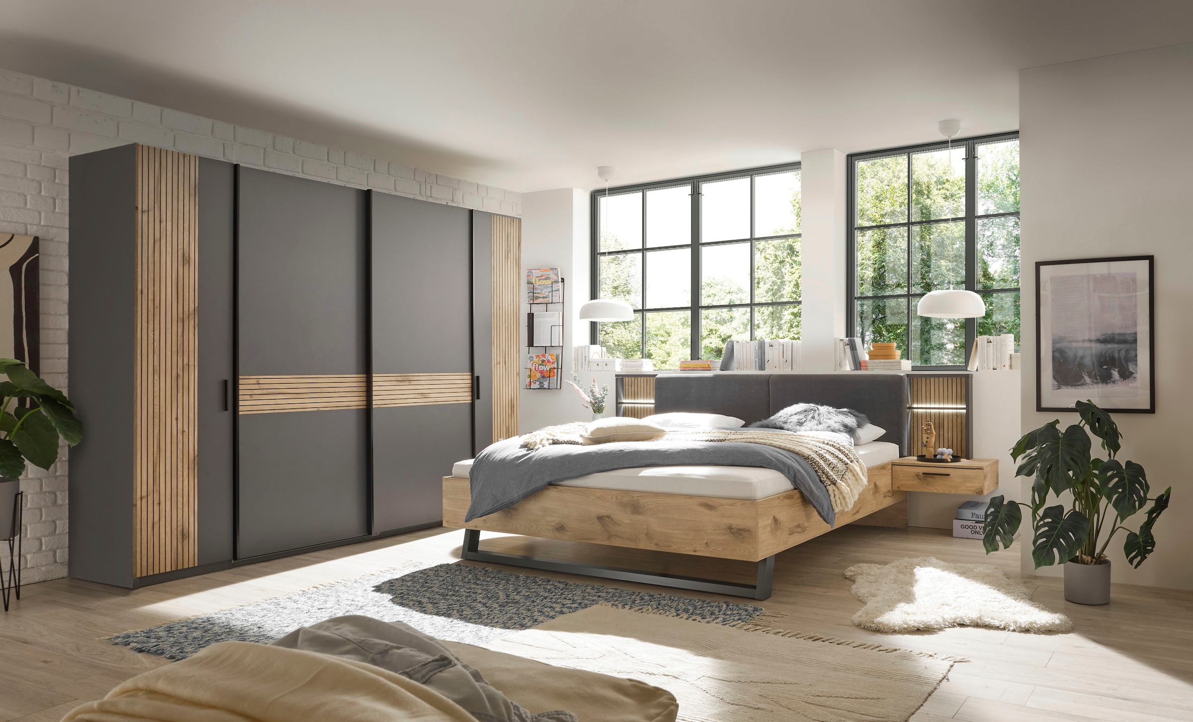 Schlafkontor Kleiderschrank »Daria Drehtürenschrank, Schwebetürenschrank, Schiebetürenschrank«, Absetzung in Viking Oak heller Rillenoptik