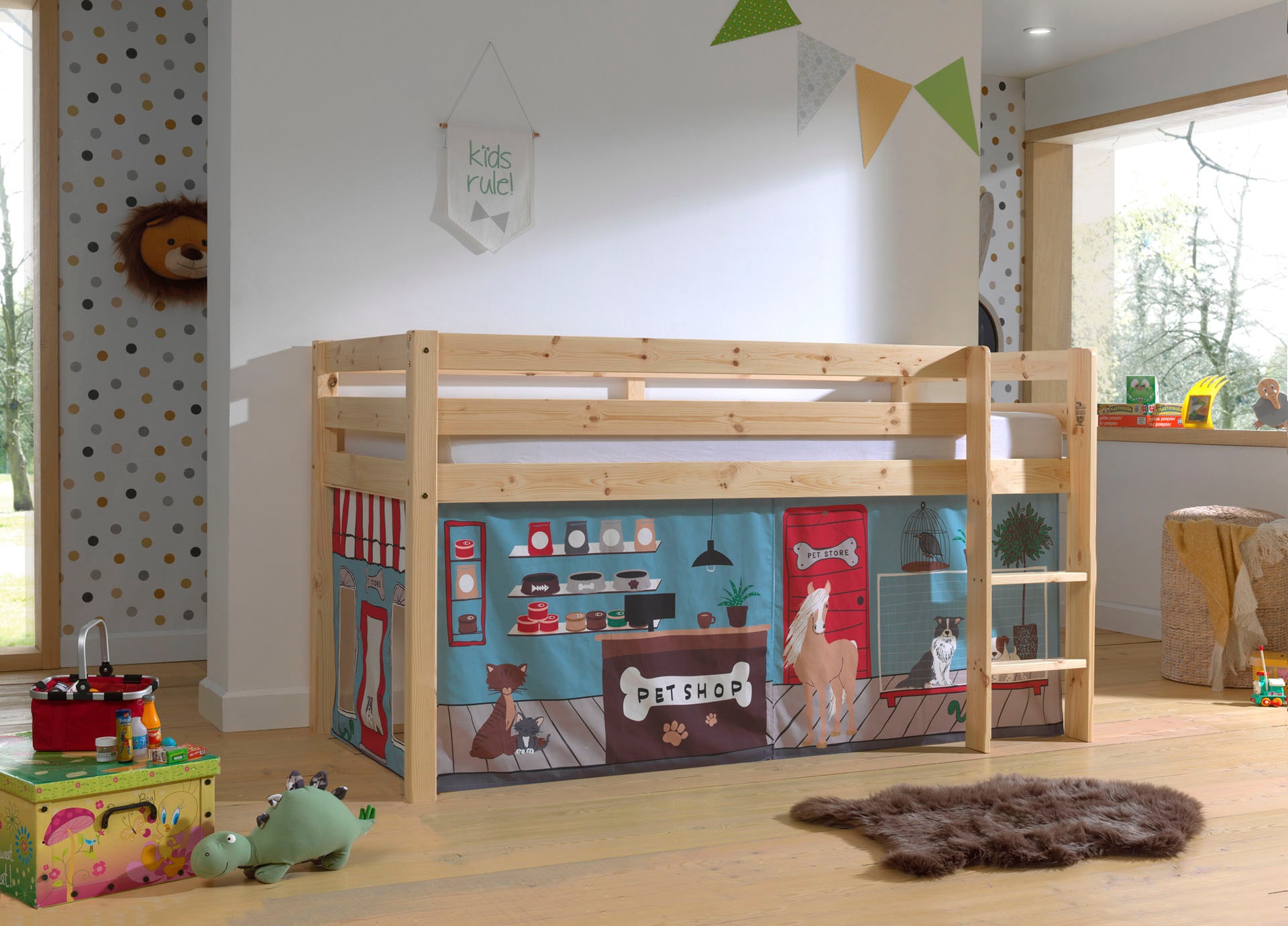 Vipack Spielbett »Pino, Kiefer massiv, mit Rolllattenrost u. Textil-Set, Made in Europe« B/H/T ca. 210x114x106cm, mit Leiter und Absturzschutz,  verschiedene Textil Dessins, 3 Gestellfarben zur Wahl