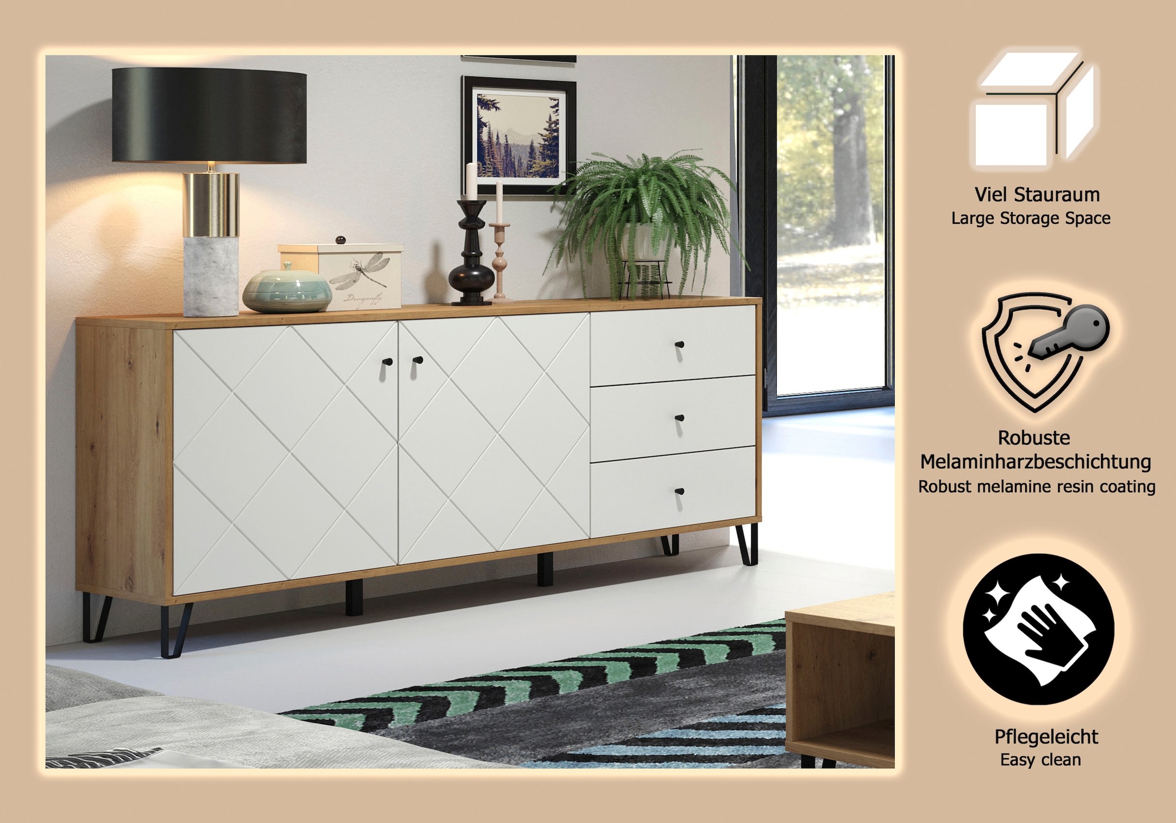 Places of Style Sideboard »Tarragona«, Sideboard, 2 Türen, 3 Schubkasten & Soft-Close - (B/T/H) 183/40/76 cm