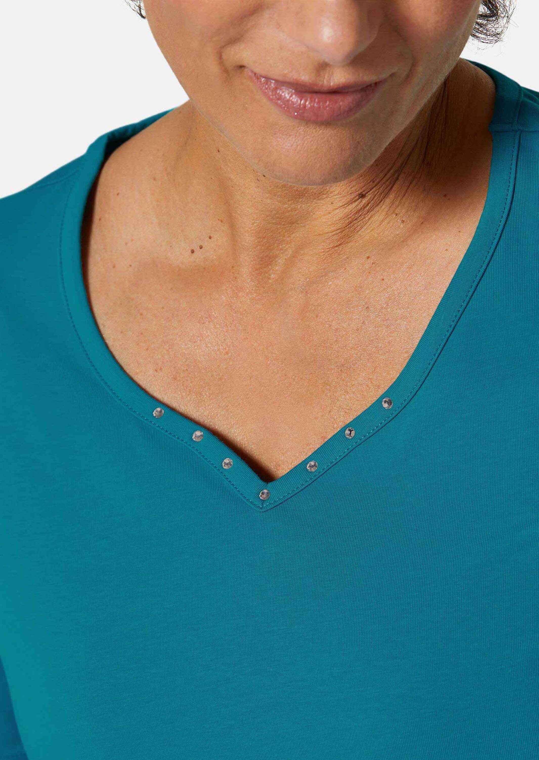 GOLDNER Langarm-Poloshirt »T-Shirt T-Shirt mit charmantem Ausschnitt und Schmucksteinchen«