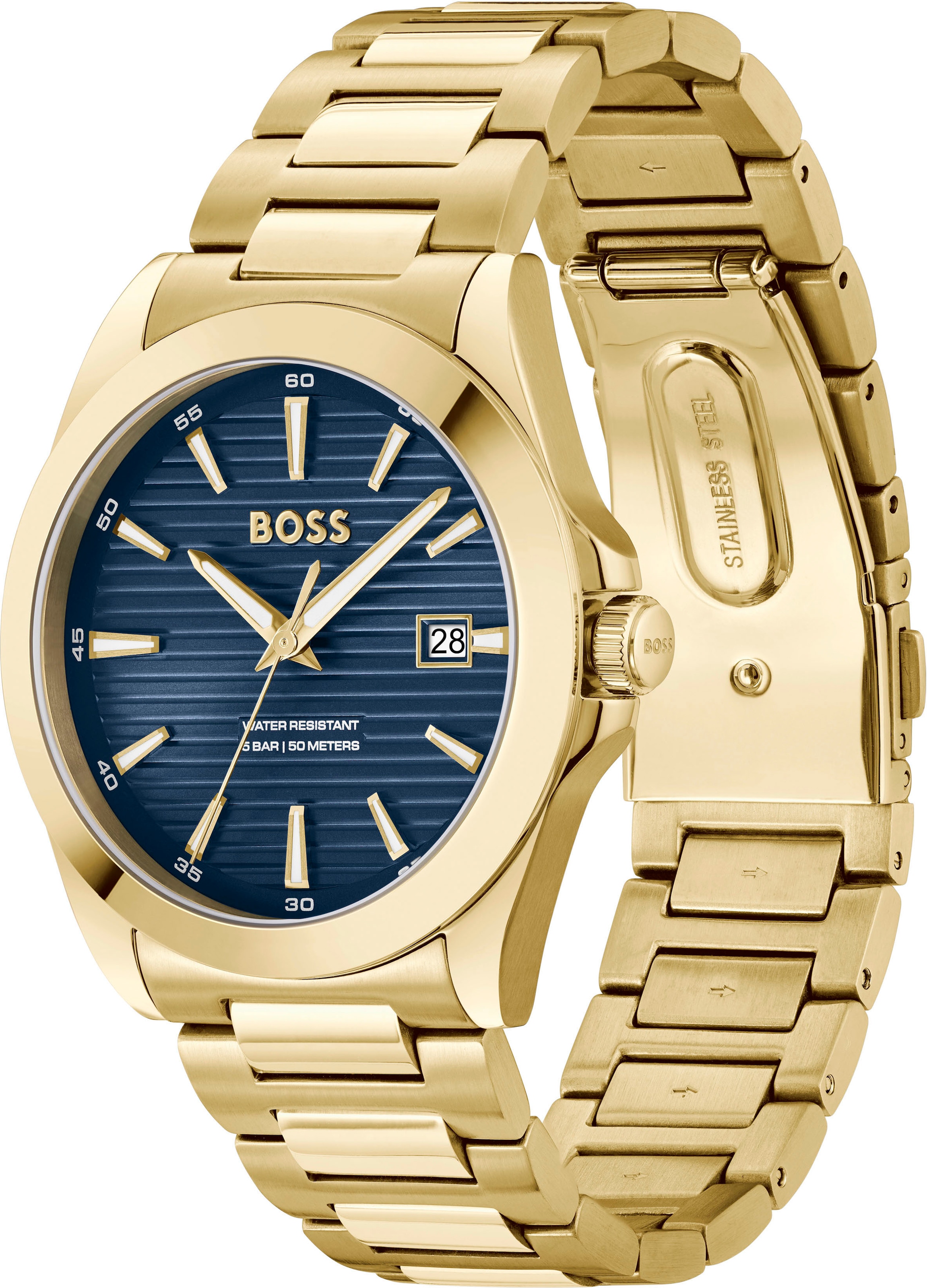 BOSS Quarzuhr »STRIKE«, Armbanduhr, Damenuhr, Herrenuhr, Edelstahlarmband, analog, Tag