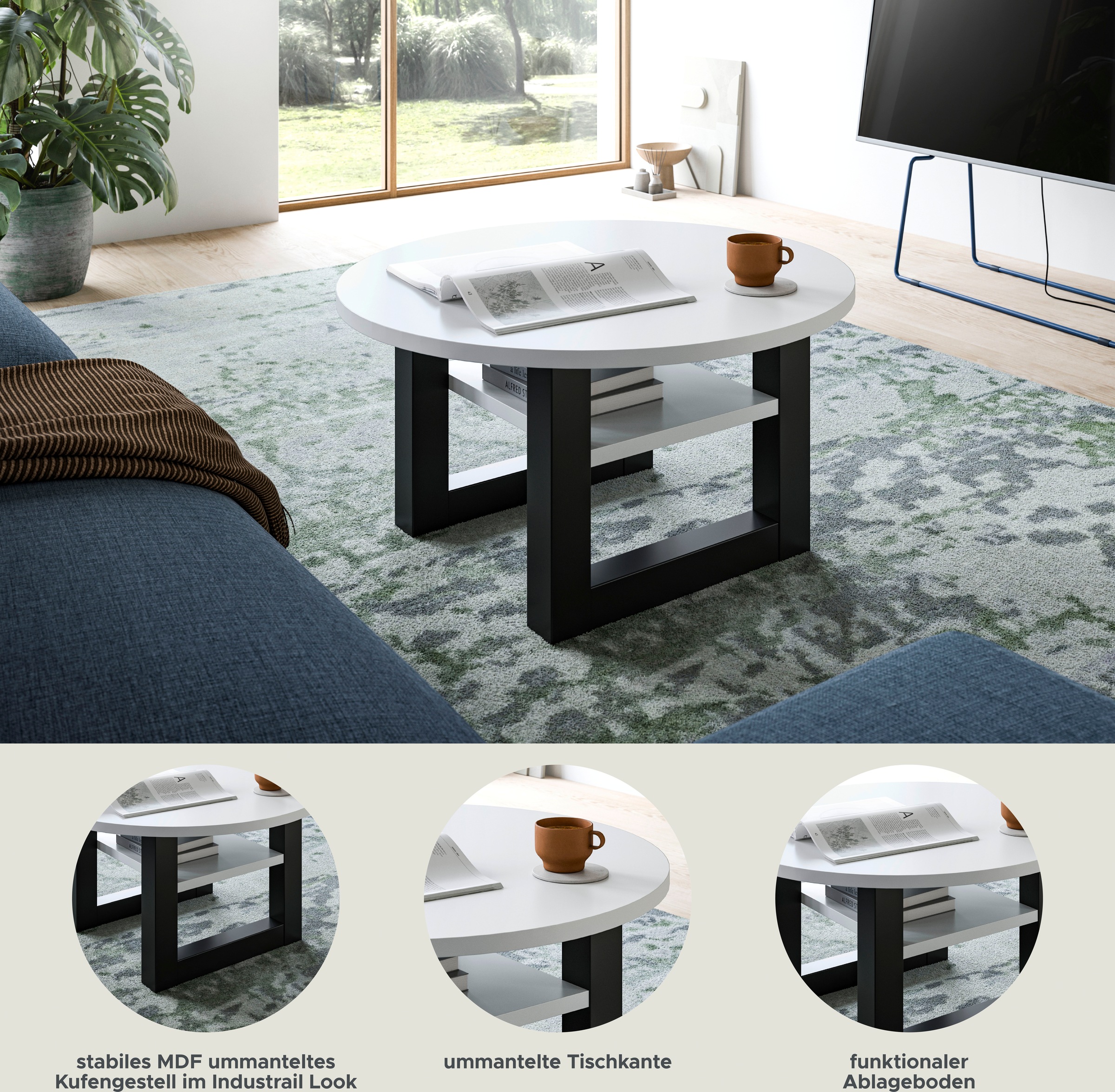 INOSIGN Couchtisch »Rail, Ø 75 cm, mit Ablageboden, inklusive Kufengestell«, Wohnzimmertisch, Beistelltisch