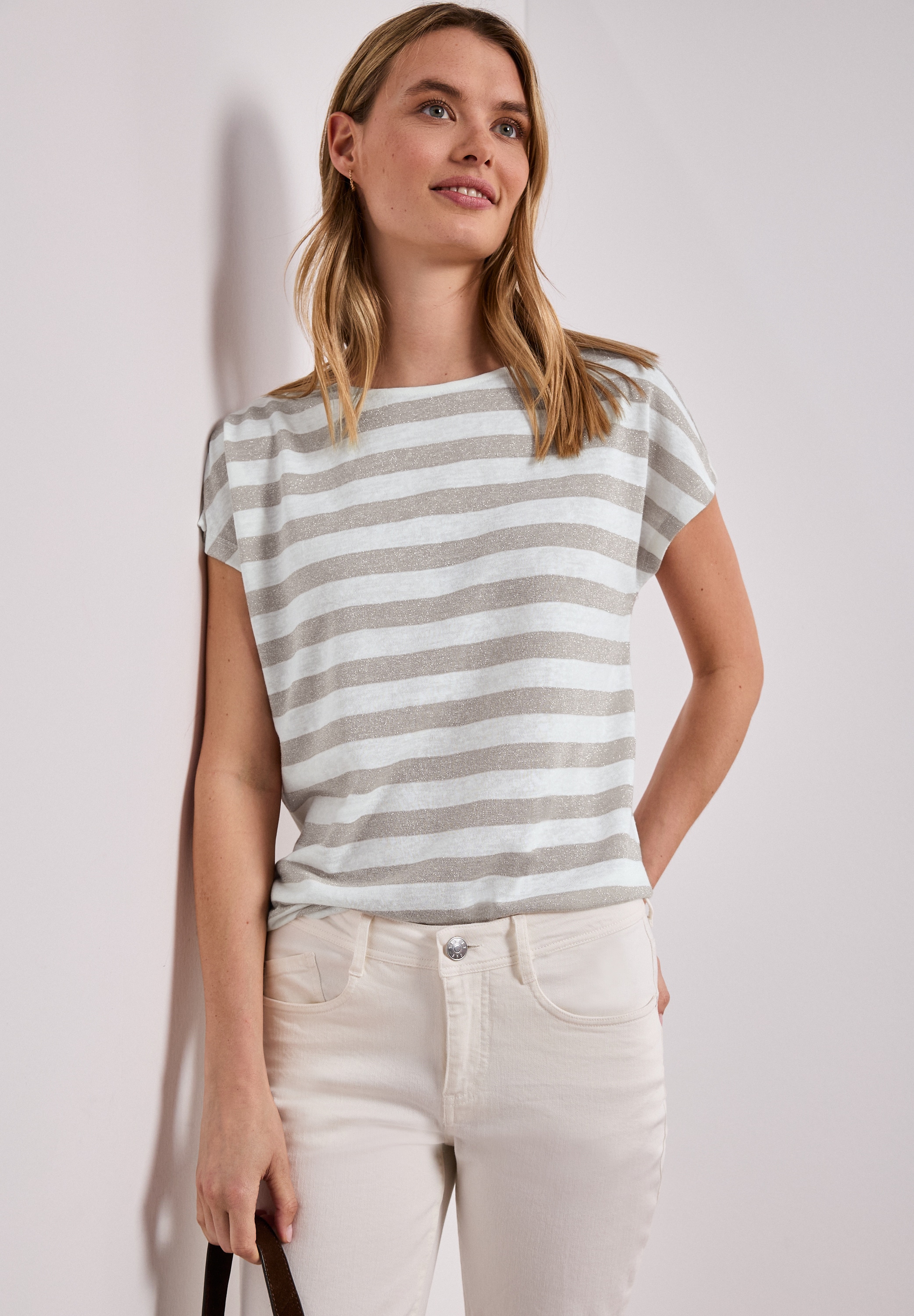 STREET ONE Shirttop Streifenmuster mit Glitzerdetails, seitliche Schlitze