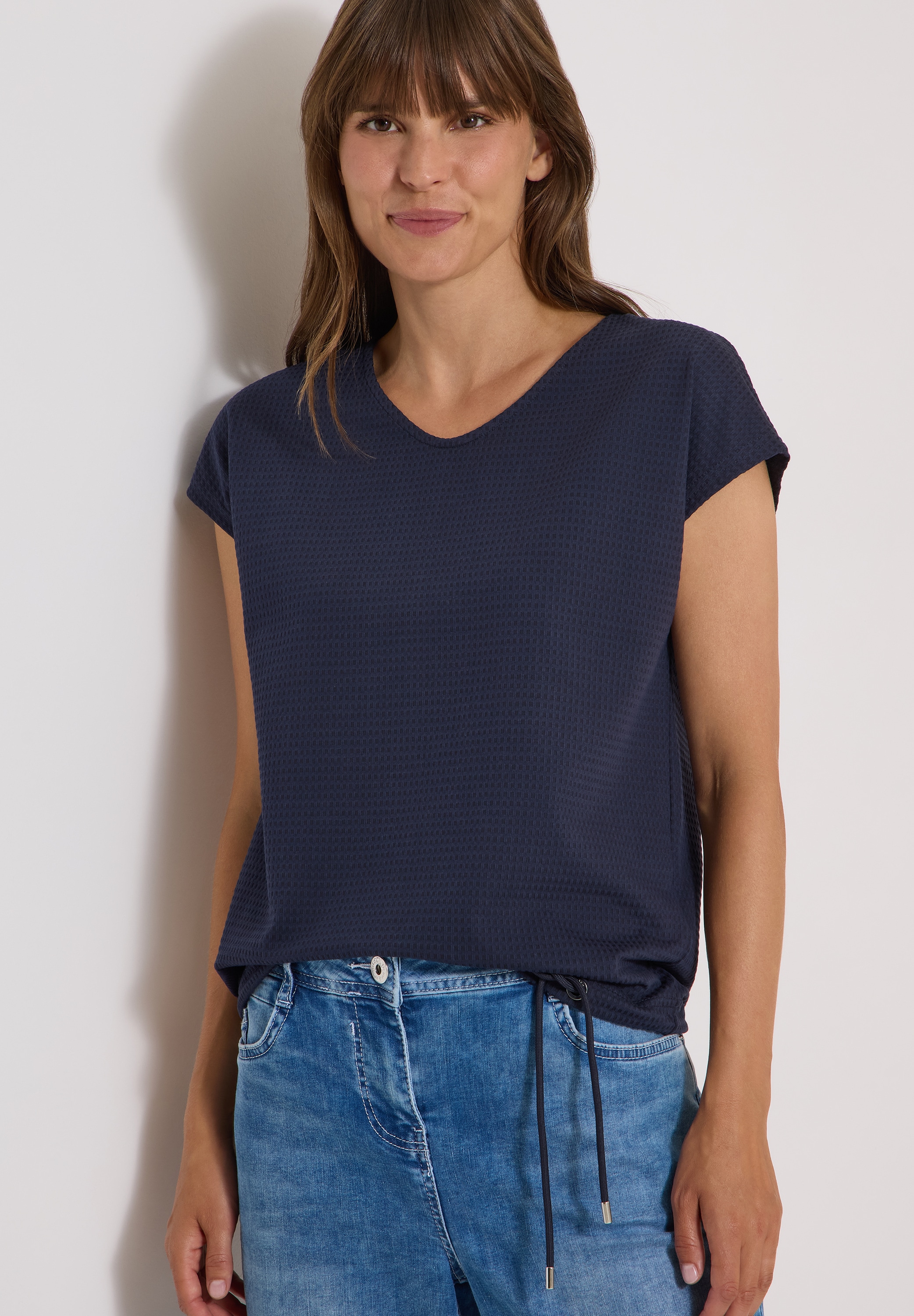 Cecil T-Shirt Sommershirt mit Waffel-Struktur, Baumwollmix, Kordelzug am Saum