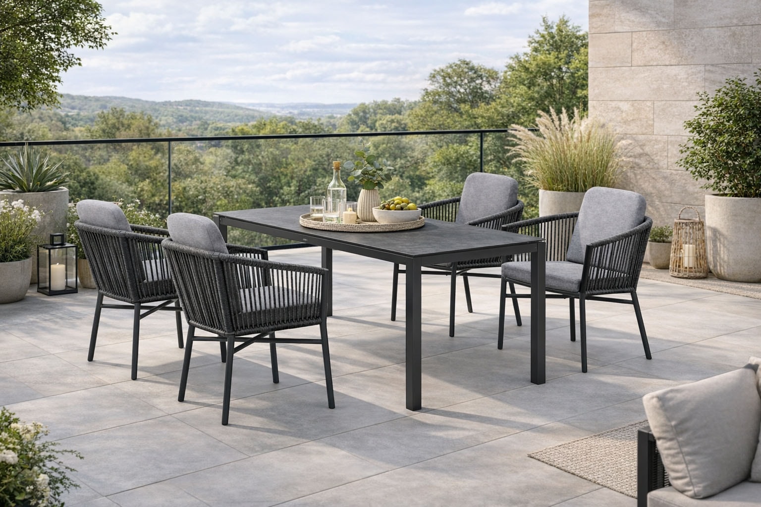 Destiny Garten-Essgruppe »LIMONE CREMONA 4 SE + Tisch 160x90cm, grau/ anthrazit« Set, 13 tlg. Aluminium, Rope, Tischplatte: Glas mit Keramiküberzug