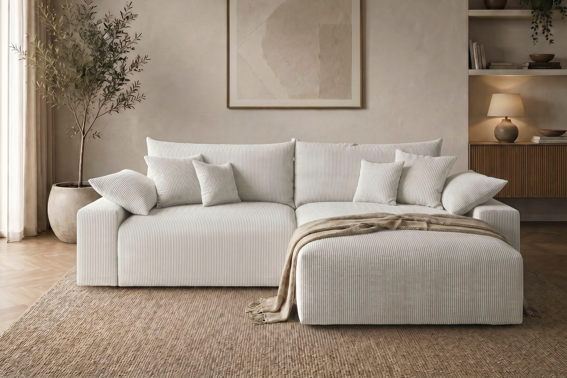 OTTO home Ecksofa »Amici L-Form, B: 302 cm, Mega-Sofa in Boucle und Cord« Couch mit Federkern & 6 Zierkissen, frei stellbar