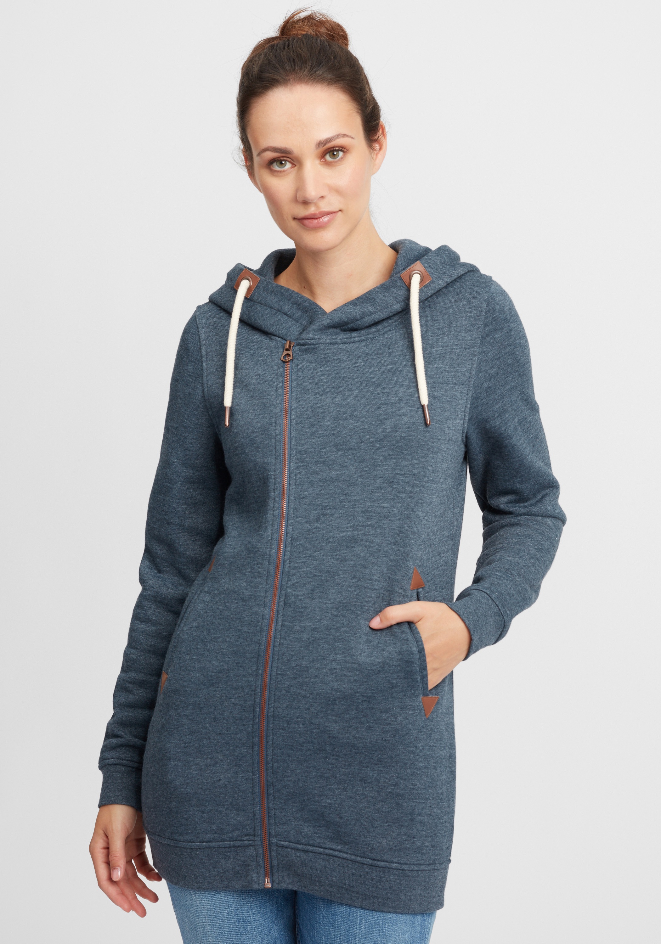 OXMO Kapuzensweatjacke »Vicky Zip Hood Long«, Sweatshirtjacke mit asymmetrischen Reißverschluss