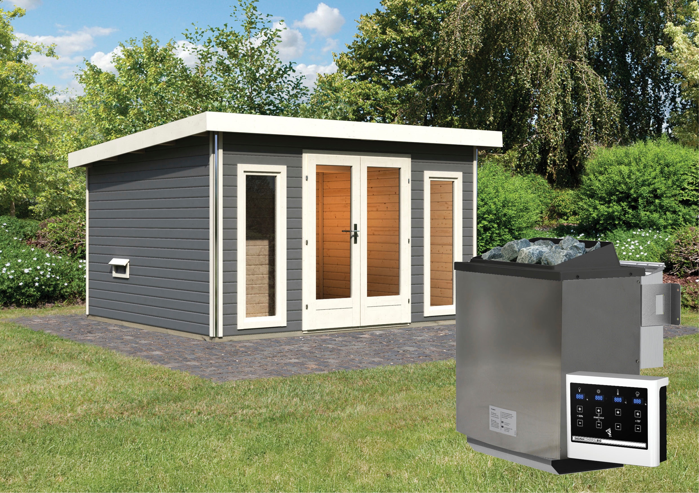 Karibu Saunahaus »Maiko 2B« Set,  Ofen 9 kW Bio externe Strg easy