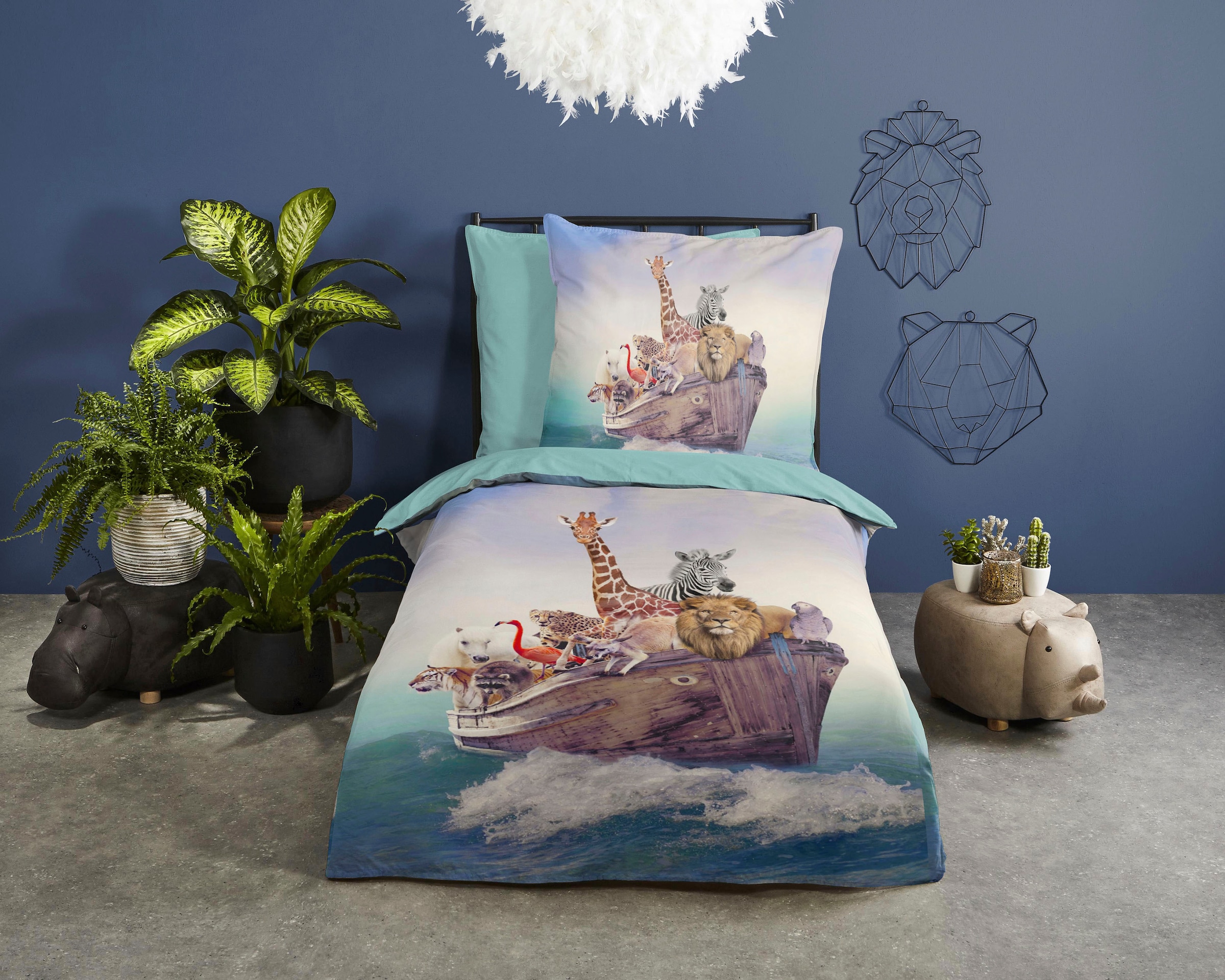 good morning Kinderbettwäsche »Noah5«, Baumwolle, 135x200, Reißverschluss, Wende, Kind, Tier Arche Noah, Blau