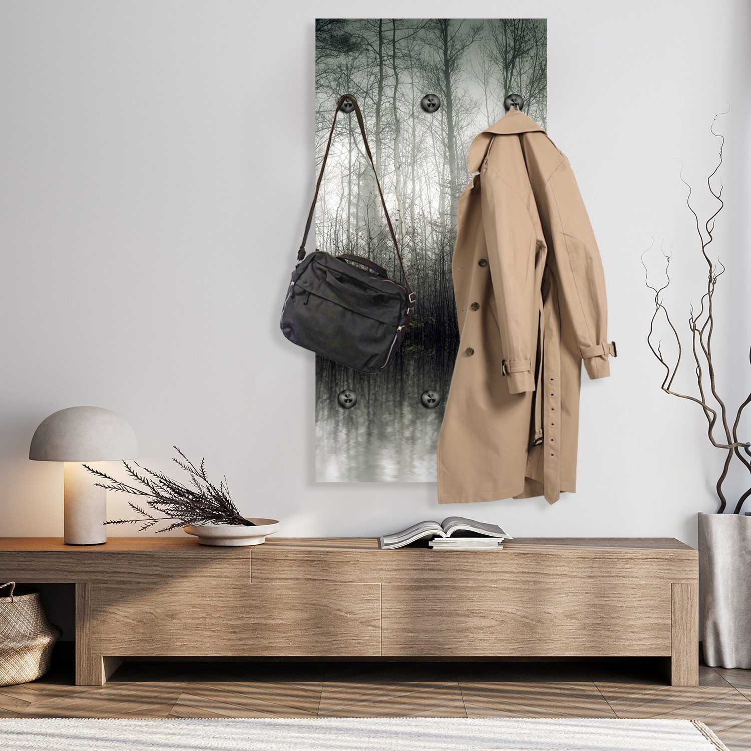 queence Wandgarderobe »Nebeliger Wald« 1 Stk. tlg. Wandpaneel aus Acrylglas inkl. 6 Edelstahlhaken in schwarz matt