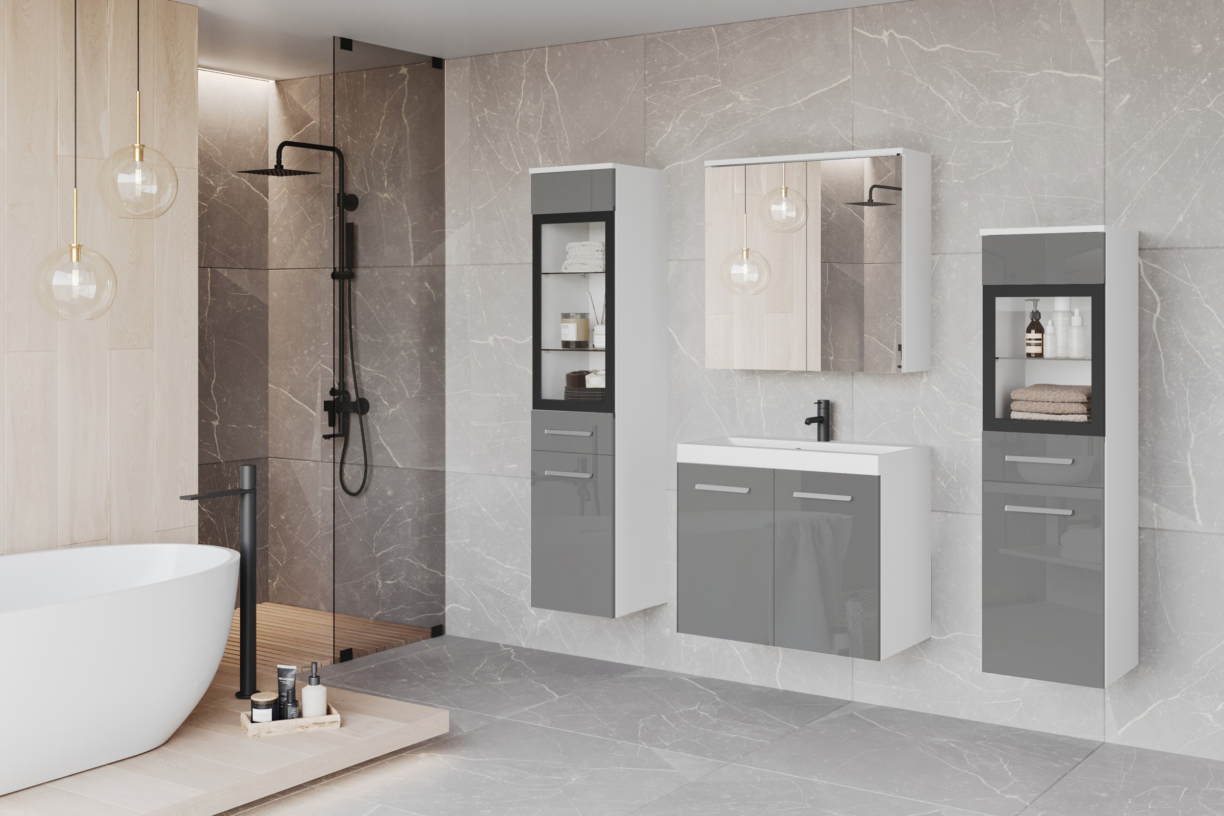 welltime Badmöbel-Set »MADRIT II, Schrank mit Waschbecken, 2 Hänger, Spiegelschrank«, (Komplett-Set, 5 St.), Hängende Badmöbel mit Glaseinsätzen – in vielen Farben erhältlich
