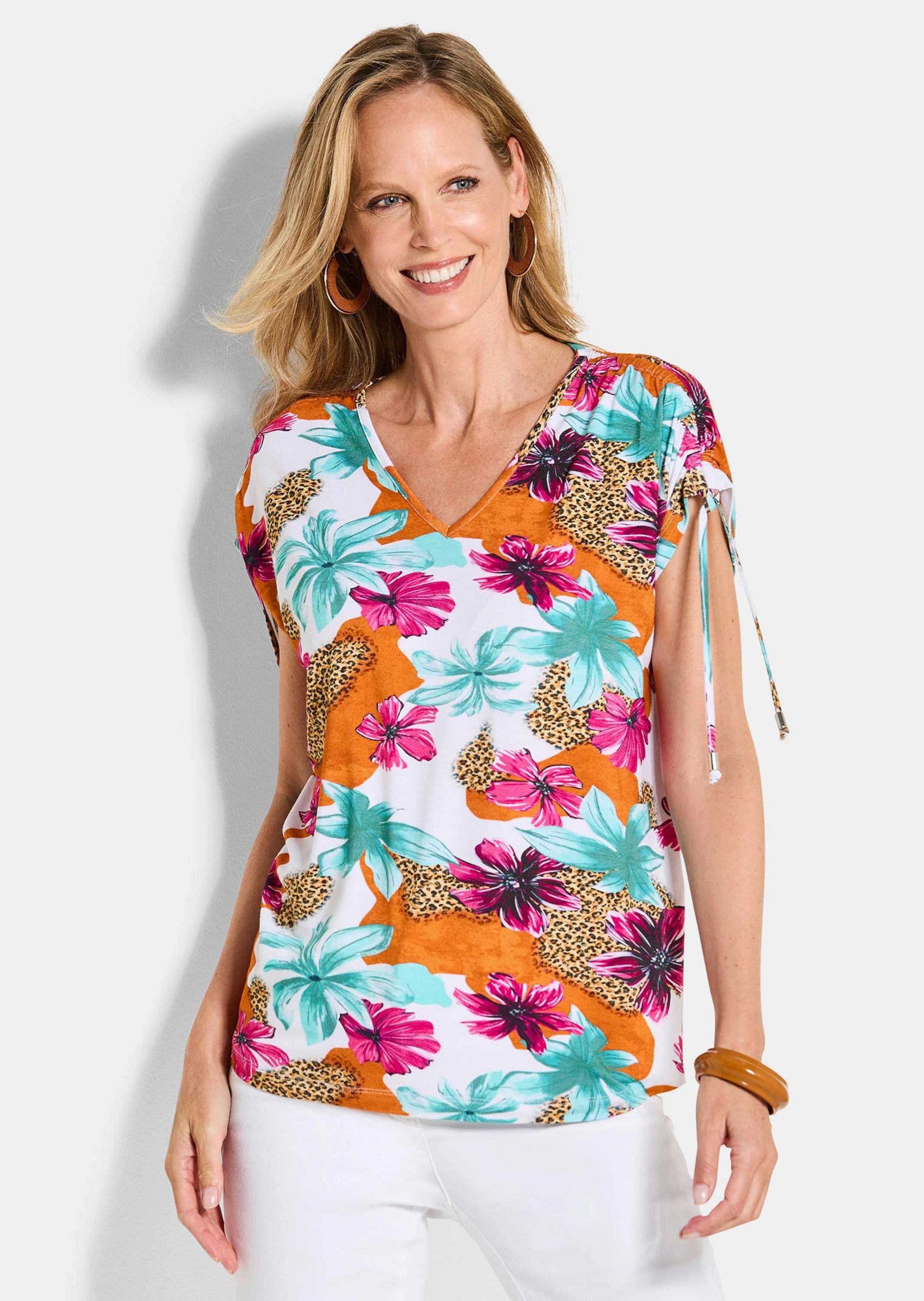 GOLDNER Print-Shirt »Kurzgröße Blusenshirt mit floralem Print« Kordelzug an der Schulter