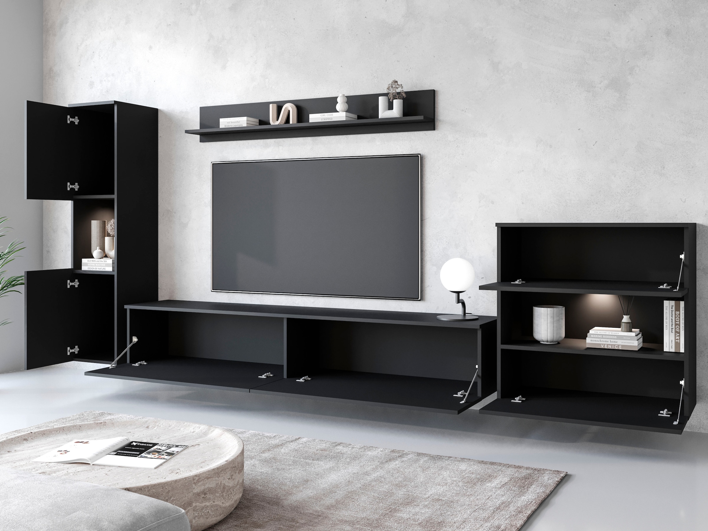 INOSIGN Wohnwand »PARIS, Vitrine Türanschlag links/rechts wechselbar«, (Komplett-Set, 4 St.), grifflose Design, stehend und hängend montierbar