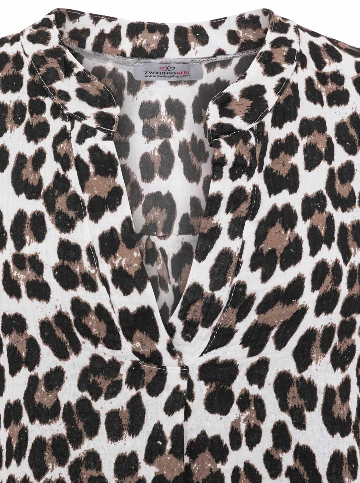 Zwillingsherz Blusentop »"Rom"« Turn-Up Ärmel, V-Neck. Leo-Muster, Musselin