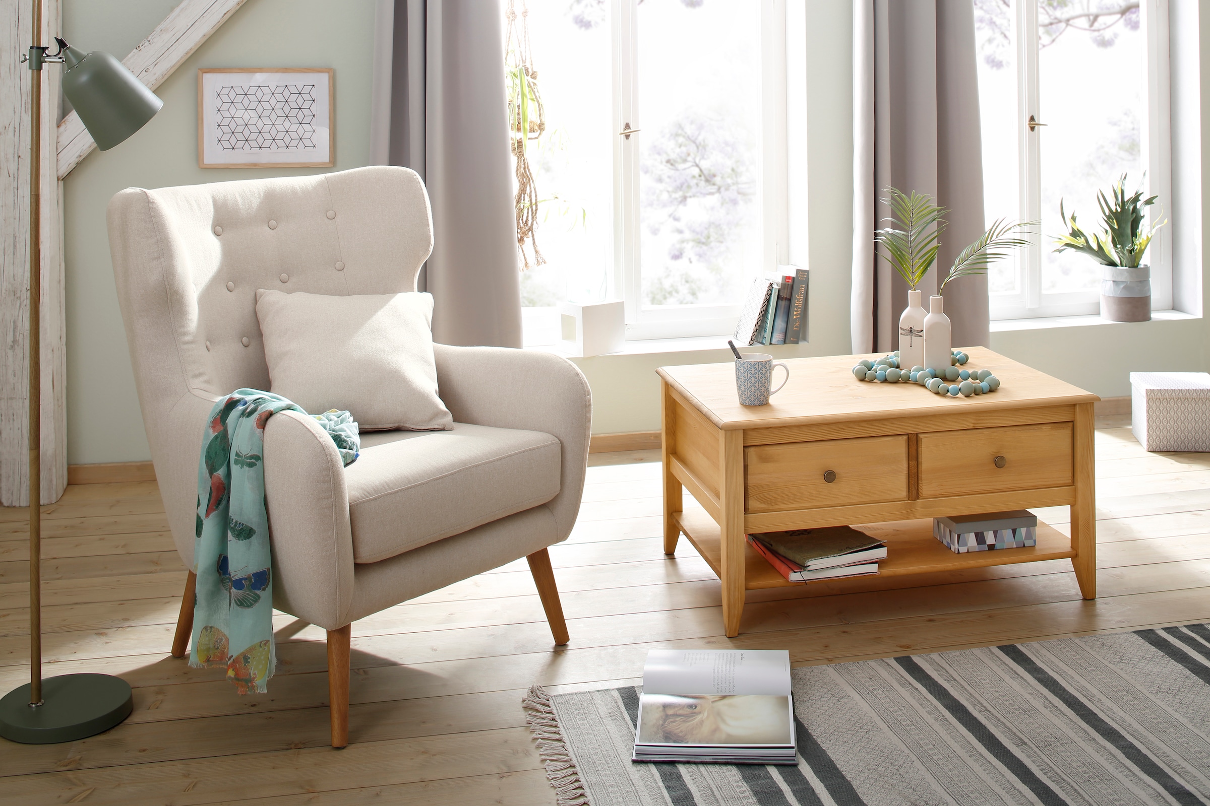 OTTO home Couchtisch »Leonis« Breite 89 cm, mit Schubladen und Ablageboden, massiver Kiefer,  FSC®