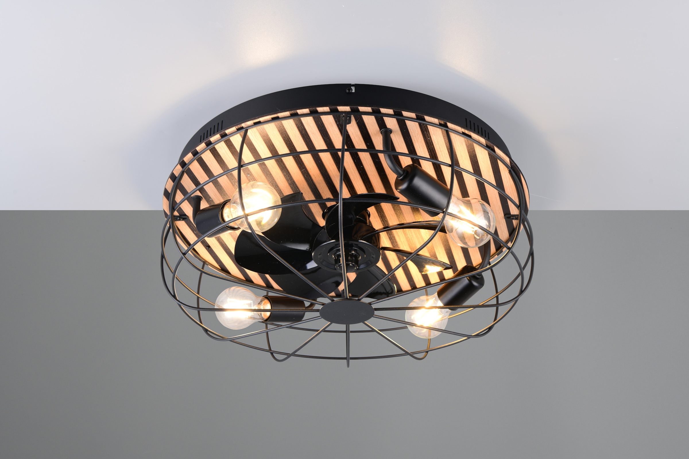 OTTO home Deckenleuchte »Norran mit Ventilator, Deckenventilator mit Licht exkl 4x E27 max 10W« E27 1 Stk. warmweiß - kaltweiß Holzstreifen Optik Akustikpaneel, Fernbedienung, 3 Stufen + Timer