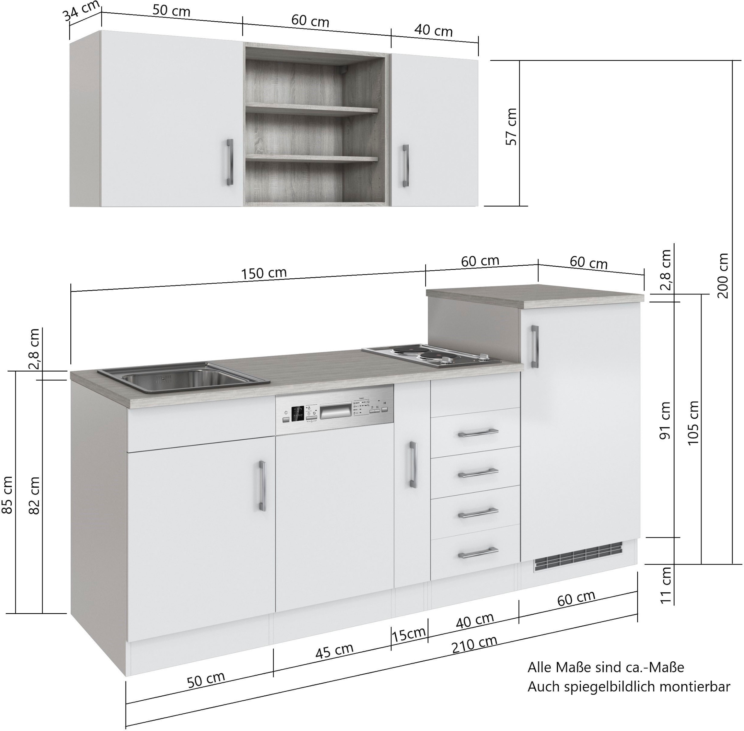 KOCHSTATION Küche »KS-Mali«, Breite 210 cm, mit E-Geräten