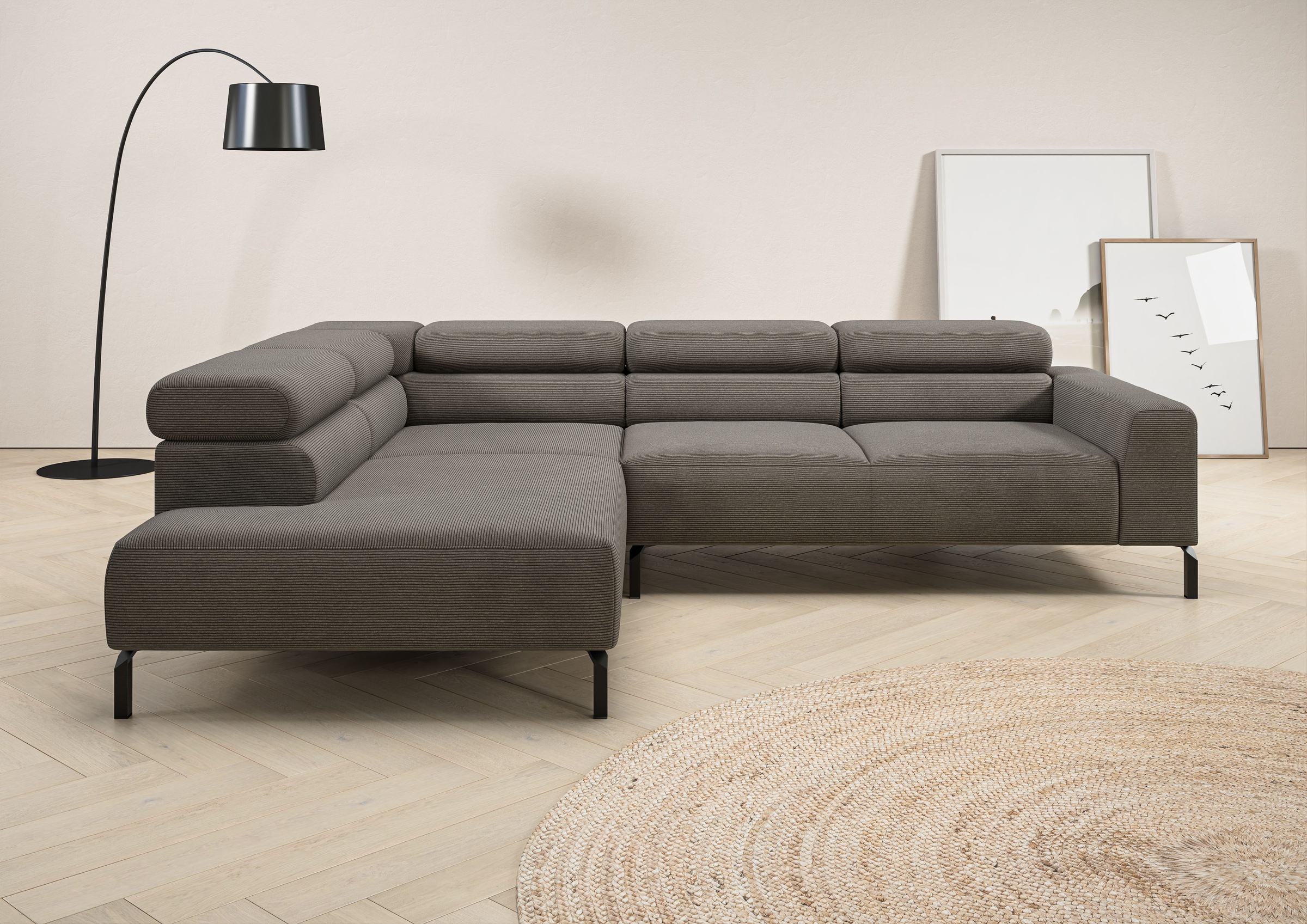 Places of Style Ecksofa »Antonelli, L-Form, inkl. Kopfteilverstellung, Breite 276 cm«, ohne Sitztiefenverstellung, in Feincord, grau