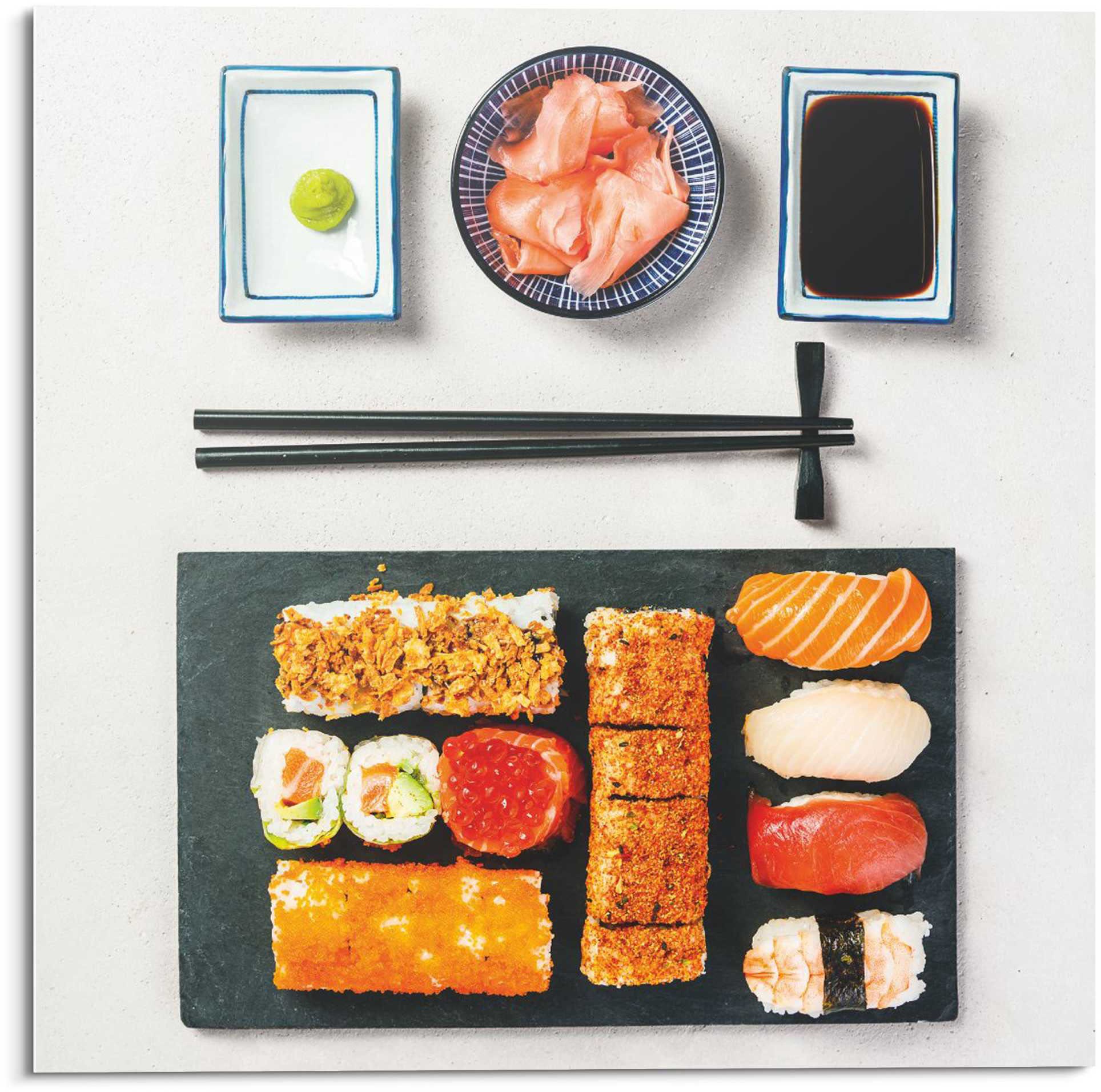Reinders! Glasbild »Glasbild Sushi Menu Fisch - Gesund - Japanisch - Stäbchen«, Essen, (1 St.)