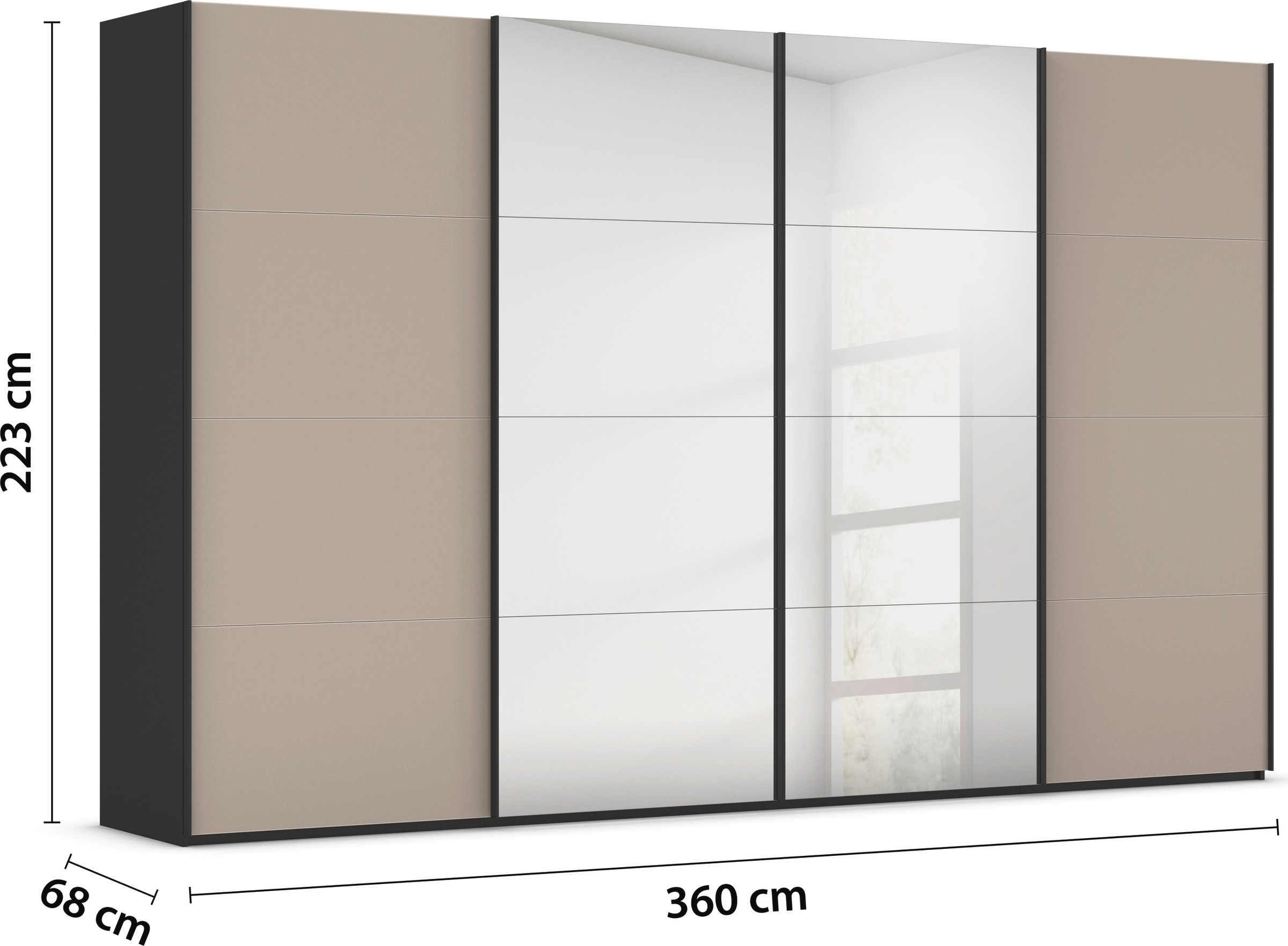 rauch Schwebetürenschrank »Kleiderschrank Schrank Garderobe Schlafzimmerschrank SCALE-FYRA«, edle viergeteilte Türen Spiegel/Glas-Mix viele Farben MADE IN GERMANY