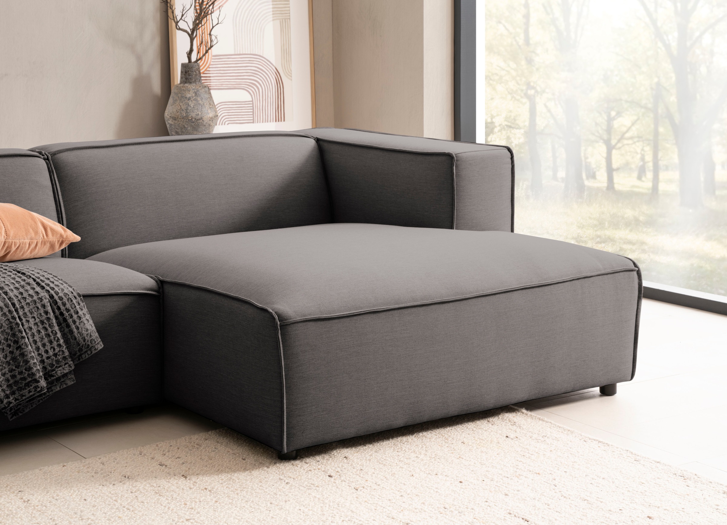 LeGer Home by Lena Gercke Ecksofa »PIARA mit Kedernaht in Cord oder Leinenoptik, moderne Couch in L-Form«, wahlweise Ottomane rechts/links, schwarze Füße, bequemer Sitzkomfort