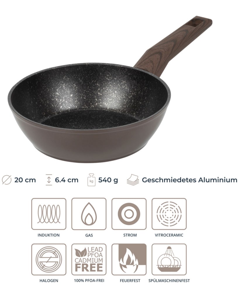 RESTO Kitchenware Bratpfanne »Carina, tiefe Schmorpfanne mit holzähnlichem Soft-Touch-Griff« Aluminium 1 Stk. tlg. mit Marmor-Antihaftbeschichtung, 4-lagig, für alle Herdarten geeignet