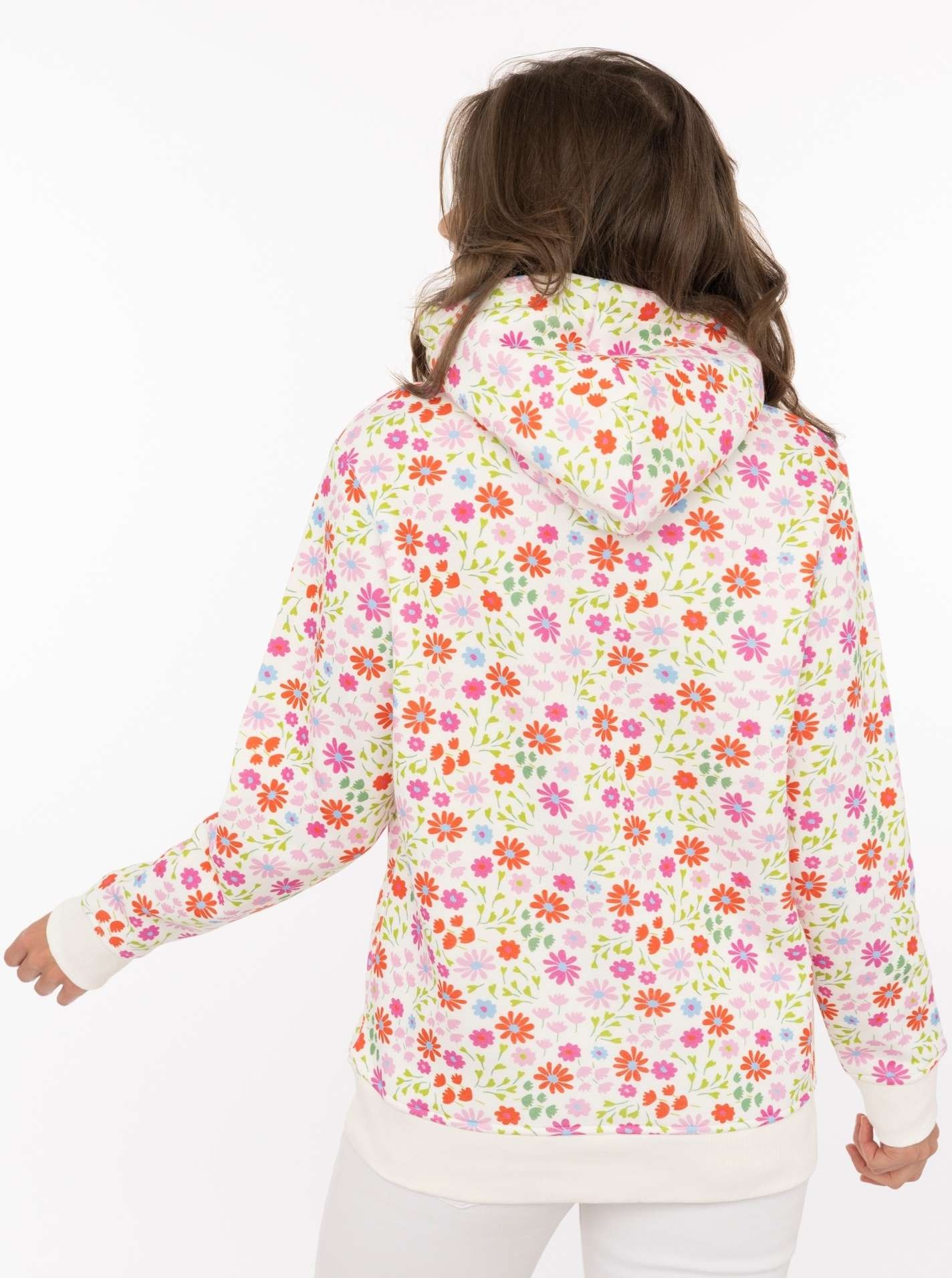 Zwillingsherz Hoodie »"AOP Flower Happy Vibes"«, All-Over-Print, gestickter Schriftzug, Kapuze, elastische Bündchen
