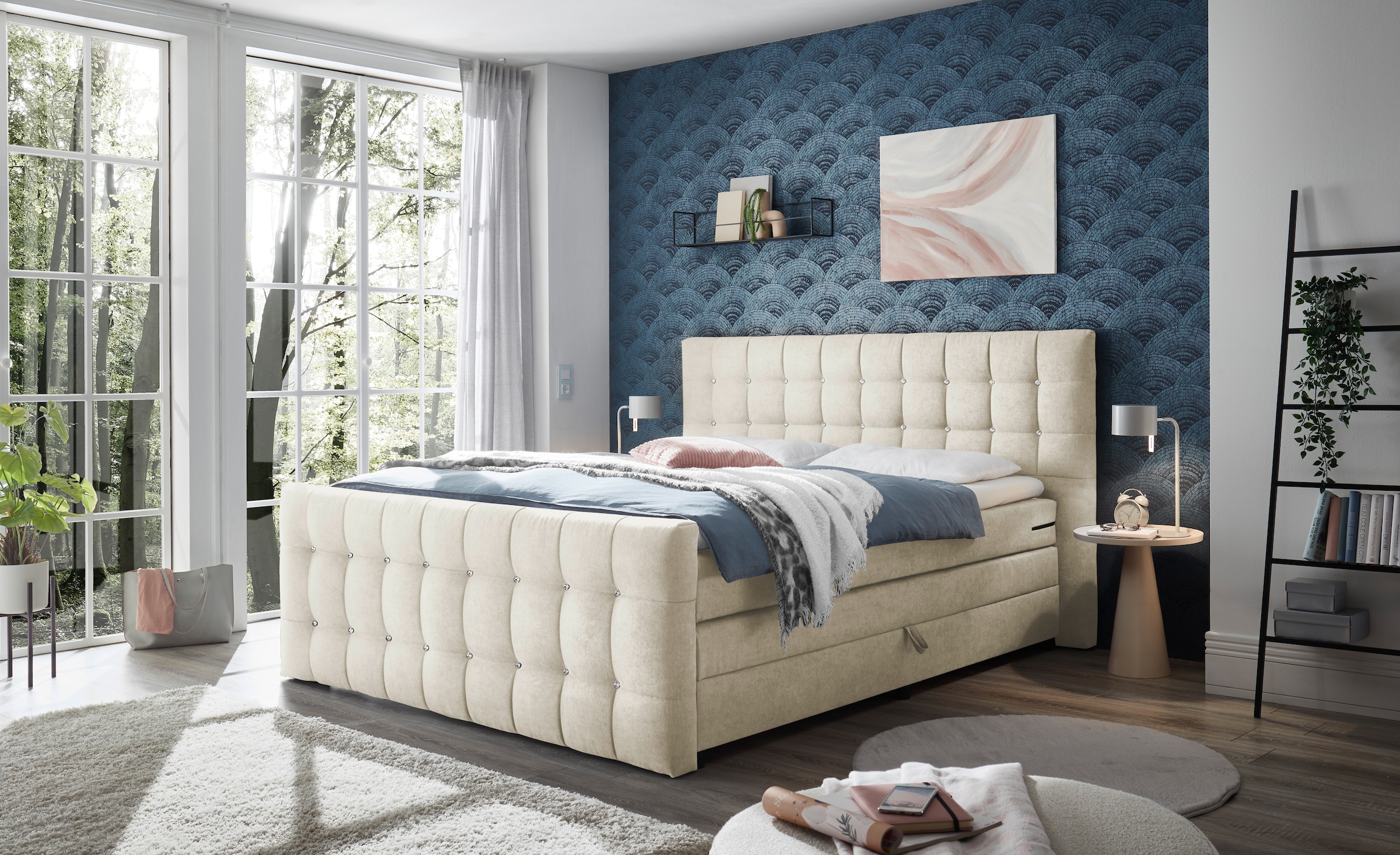 ED EXCITING DESIGN Boxspringbett »Loberie«, mit Strasssteinen im Kopf- und Fußteil, inkl. Bettkasten