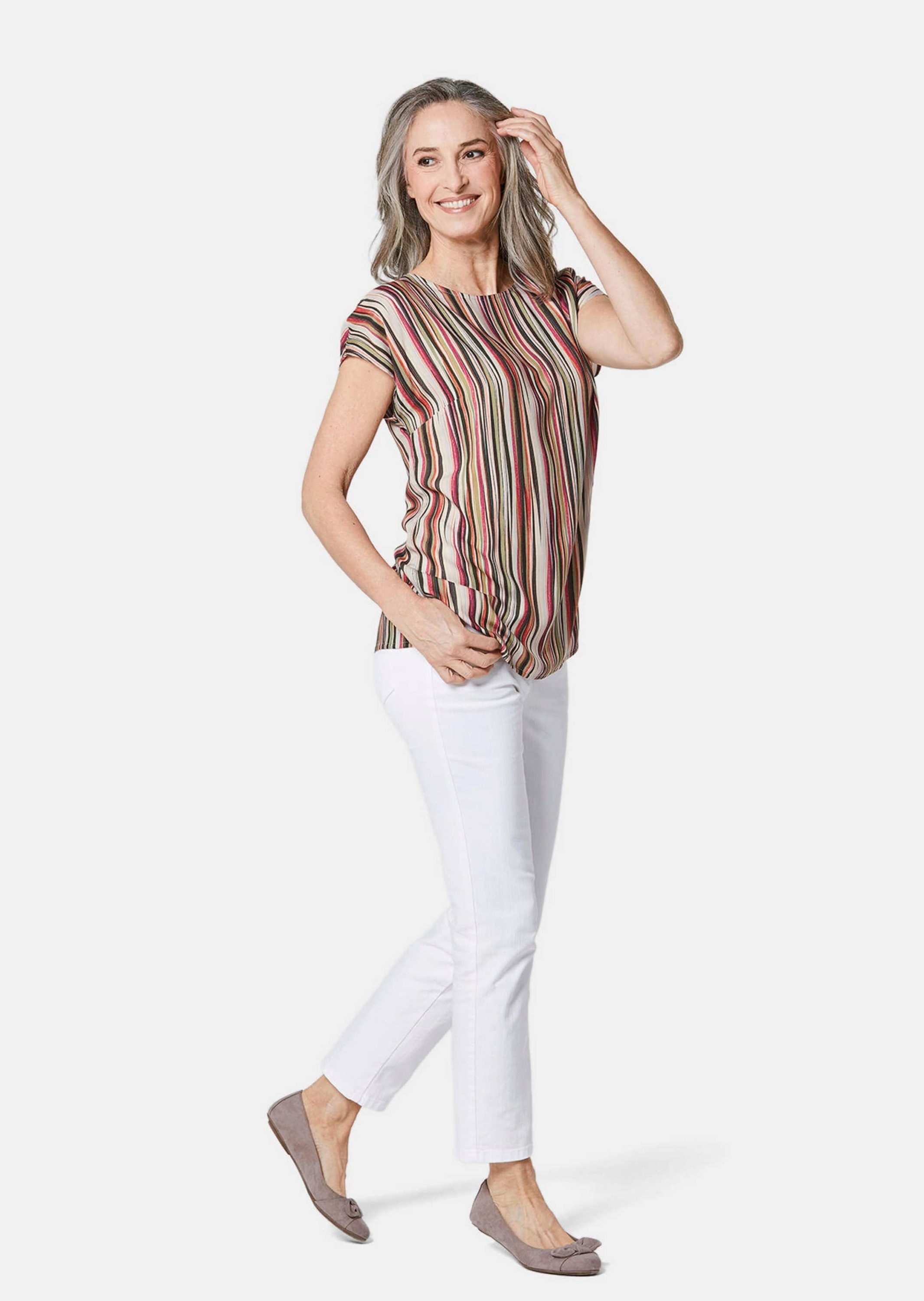 GOLDNER Druckbluse »Streifenbluse mit Halbarm, überschnittene Schulter« Ohne