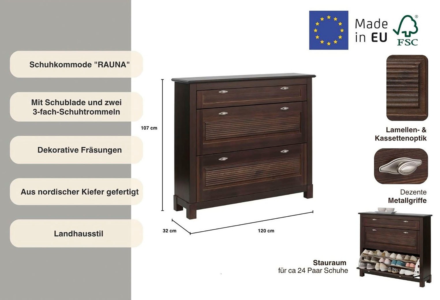 Home affaire Schuhkommode »Rauna Schuhkipper, Schuhschrank«, (Breite 120 cm), Kiefer massiv, FSC®, 3-Fachschuhtrommel, ca. 24 Paar Schuhe