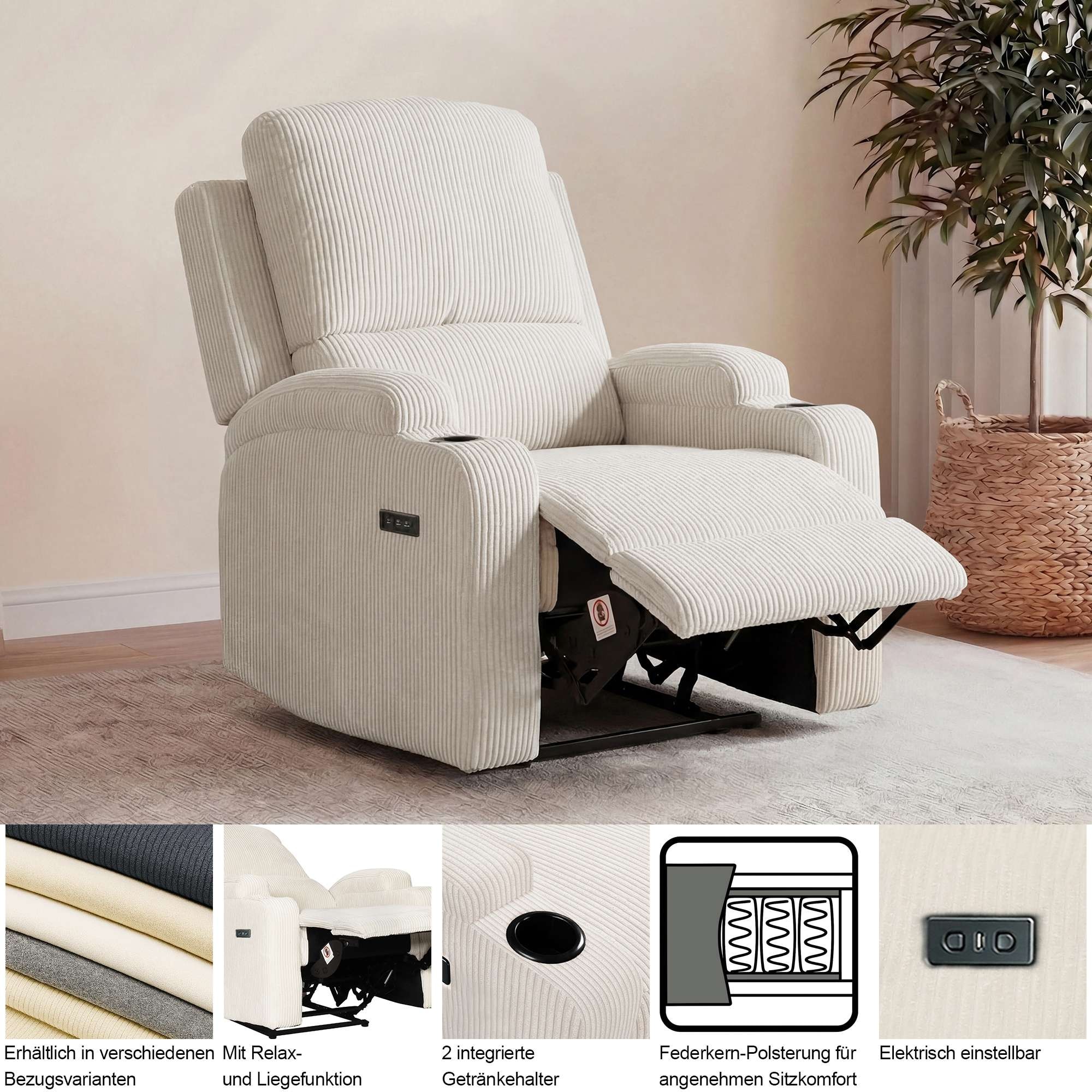 OTTO home Relaxsessel »NAPORI Struktur, Kinosessel, Multimedia-Sessel« TV-Sessel mit manueller u elektrischer Relaxfunktion u. Getränkehalter