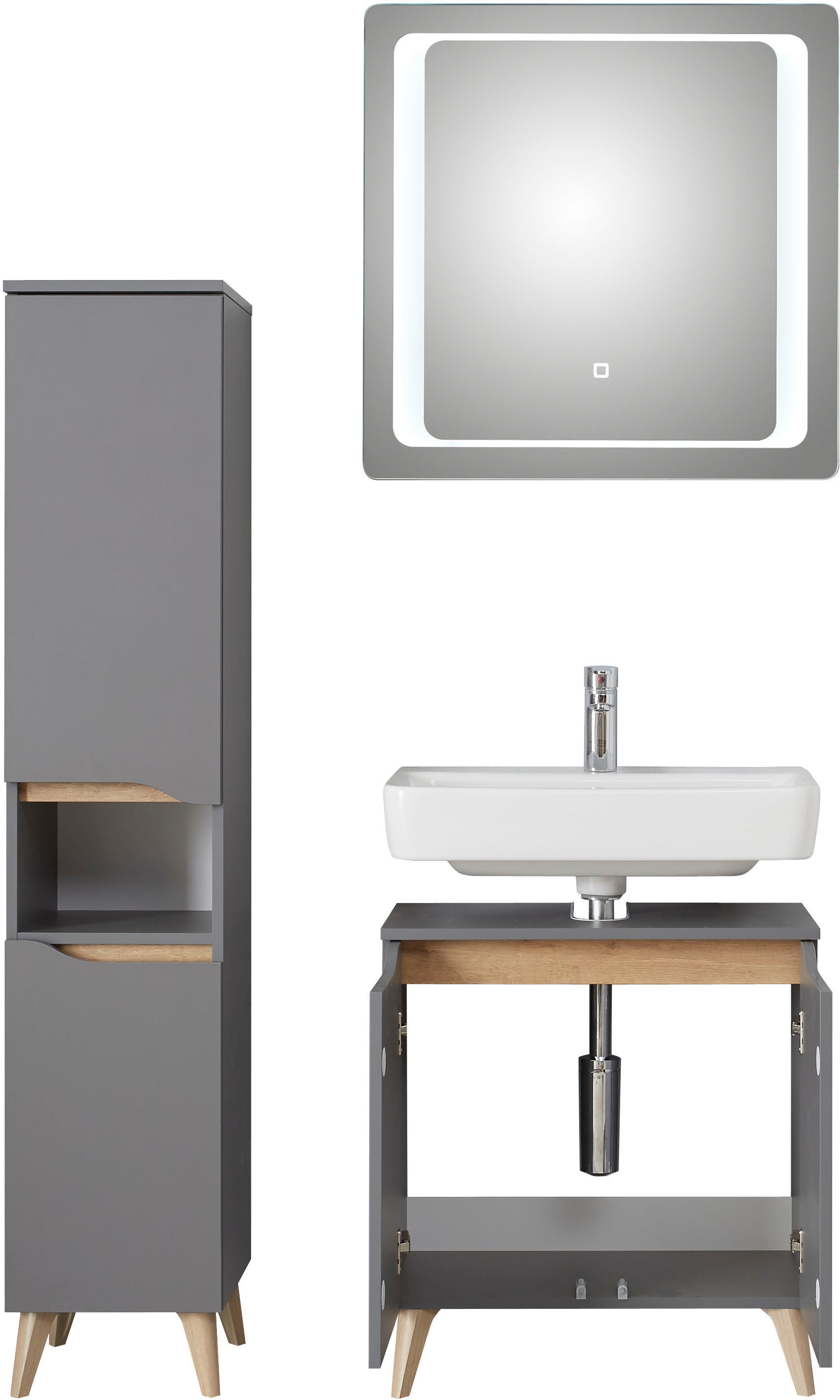 Saphir Badmöbel-Set »Quickset 3-teilig, Waschbeckenunterschrank mit LED-Spiegel« 3 Stk. tlg.