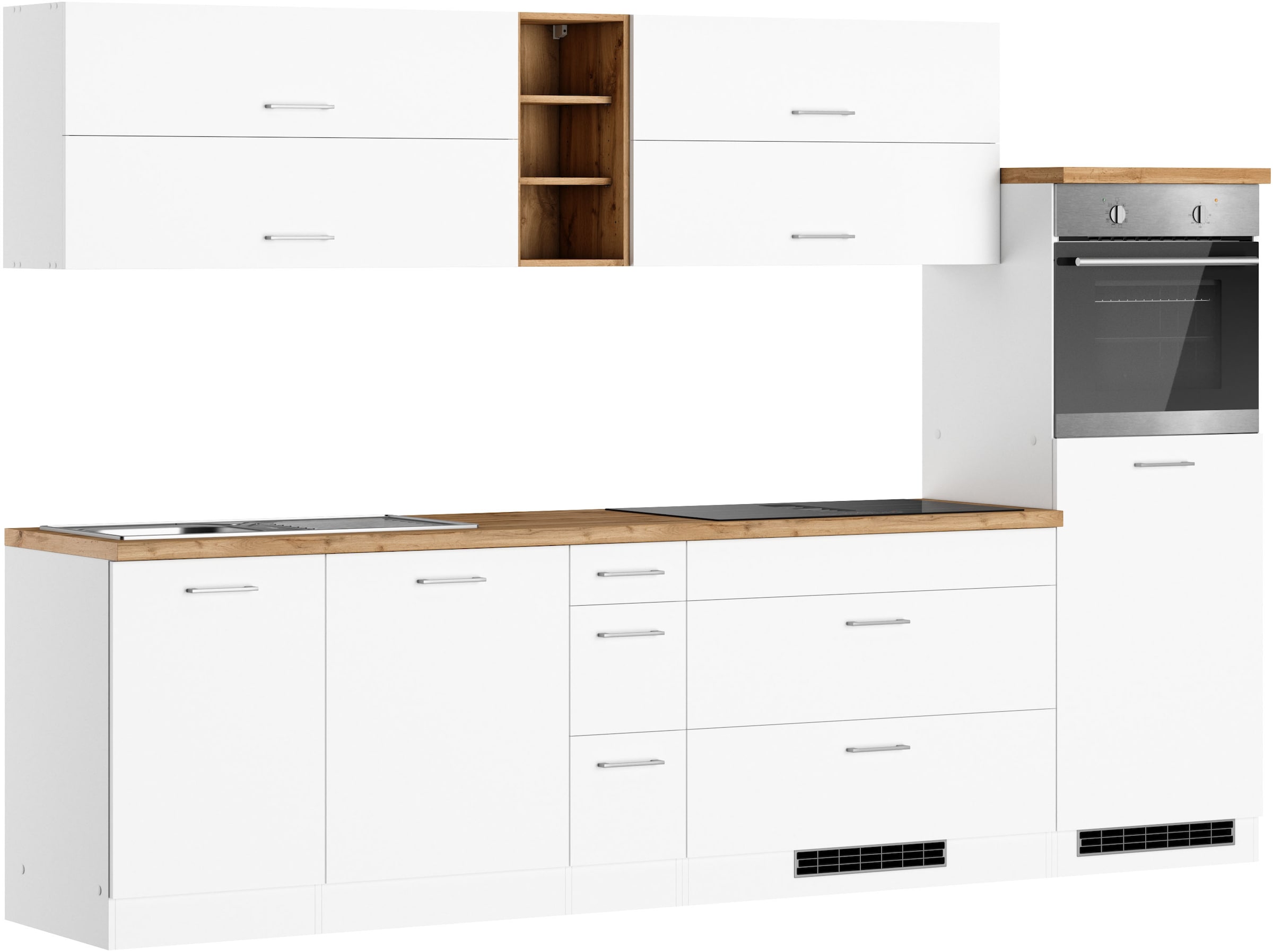 KOCHSTATION Küchenzeile »KS-Milan, optional mit Muldenlüfter« Breite 300 cm, wahlweise mit E-Geräten, Kochfeld mit Dunstabzug