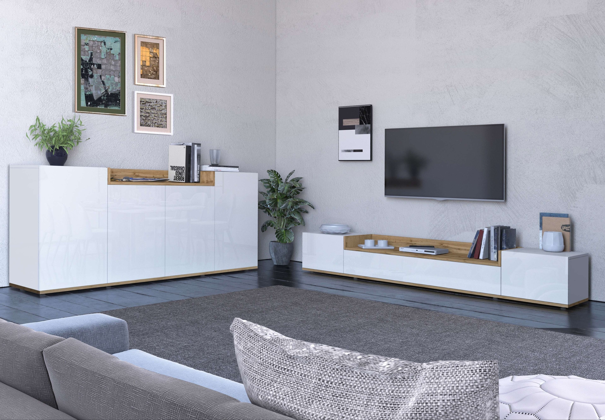 OTTO home Lowboard »BOLSENA,TV-Kommode, TV-Möbel,TV-Bank, 4 Fächer und offenes Ablagefach« 1 Stk. tlg. Breite 200 cm,stehend/hängend,Fronten Hochglanz lackiert,Made in Italy