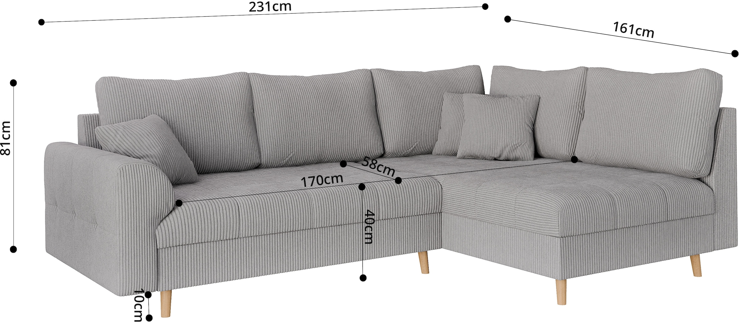 Home affaire Ecksofa »CHARRE L-Form mit Ottomane, Maße B/T/H: 231/161/81 cm«, feine Steppung, lose Rücken- und Zierkissen, auch in Cord und Bouclé