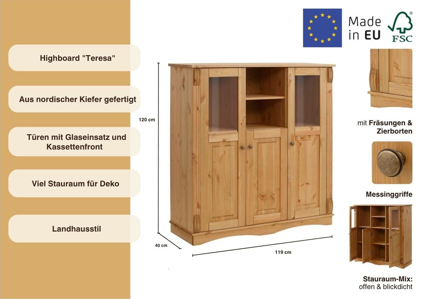 OTTO home Highboard »Teresa« Maße (B/T/H): 119/40/120 cm,  Vitrine, Türen mit Glaseinsätzen, aus massiver Kiefer, FSC®