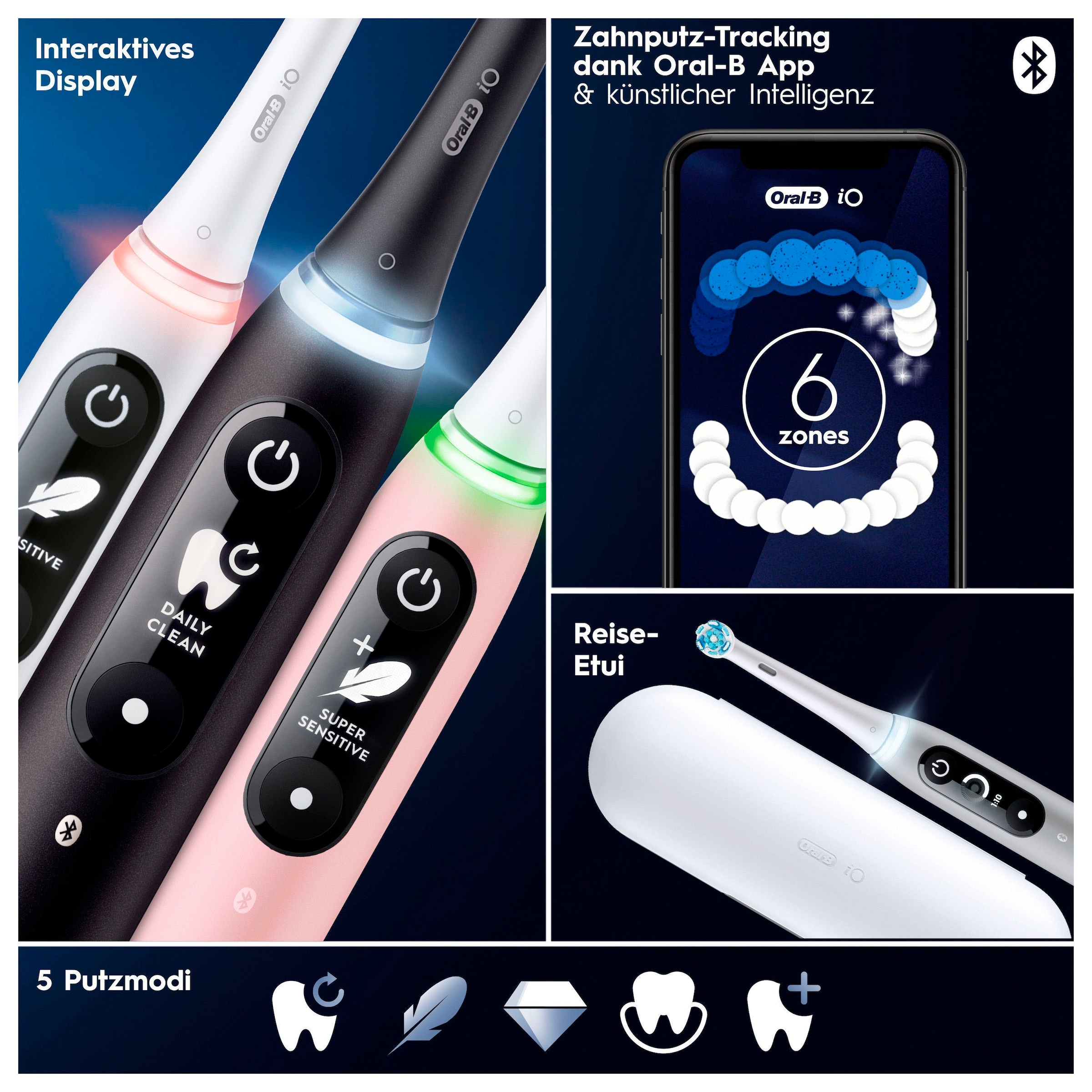 Oral-B Elektrische Zahnbürste »iO Series 6«, 2 St. Aufsteckbürsten, Magnet-Technologie, Display & Reiseetui