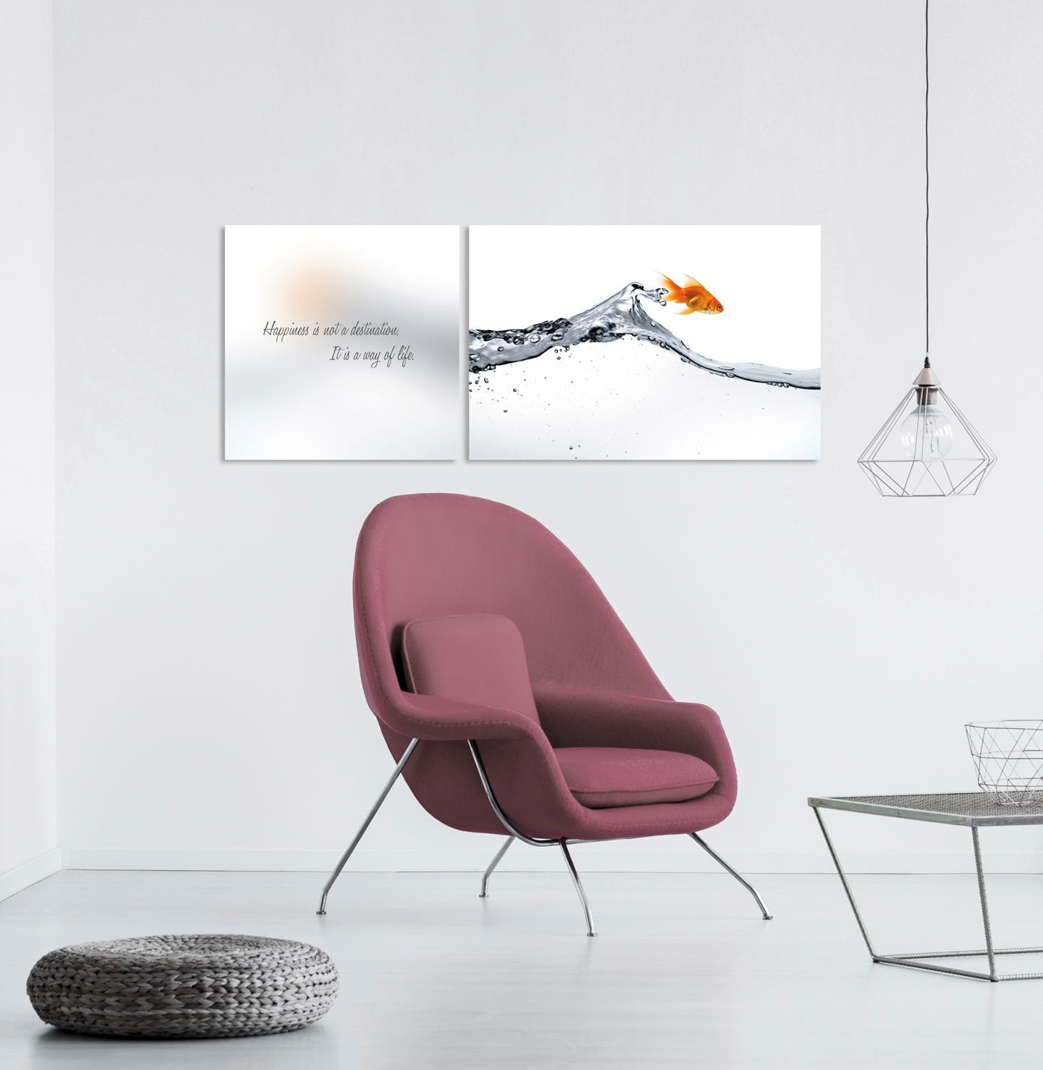 queence Leinwandbild »Happiness«, Wassertiere-Motivationsbilder-Kunst-Modern-Spa-Spa Bilder-Sprüche-Sprüche & Texte-Schriftzug-Schriftzüge, (Set), Premium-Leinwandstoff, Handarbeit aus Deutschland, Spruch, 2er Set