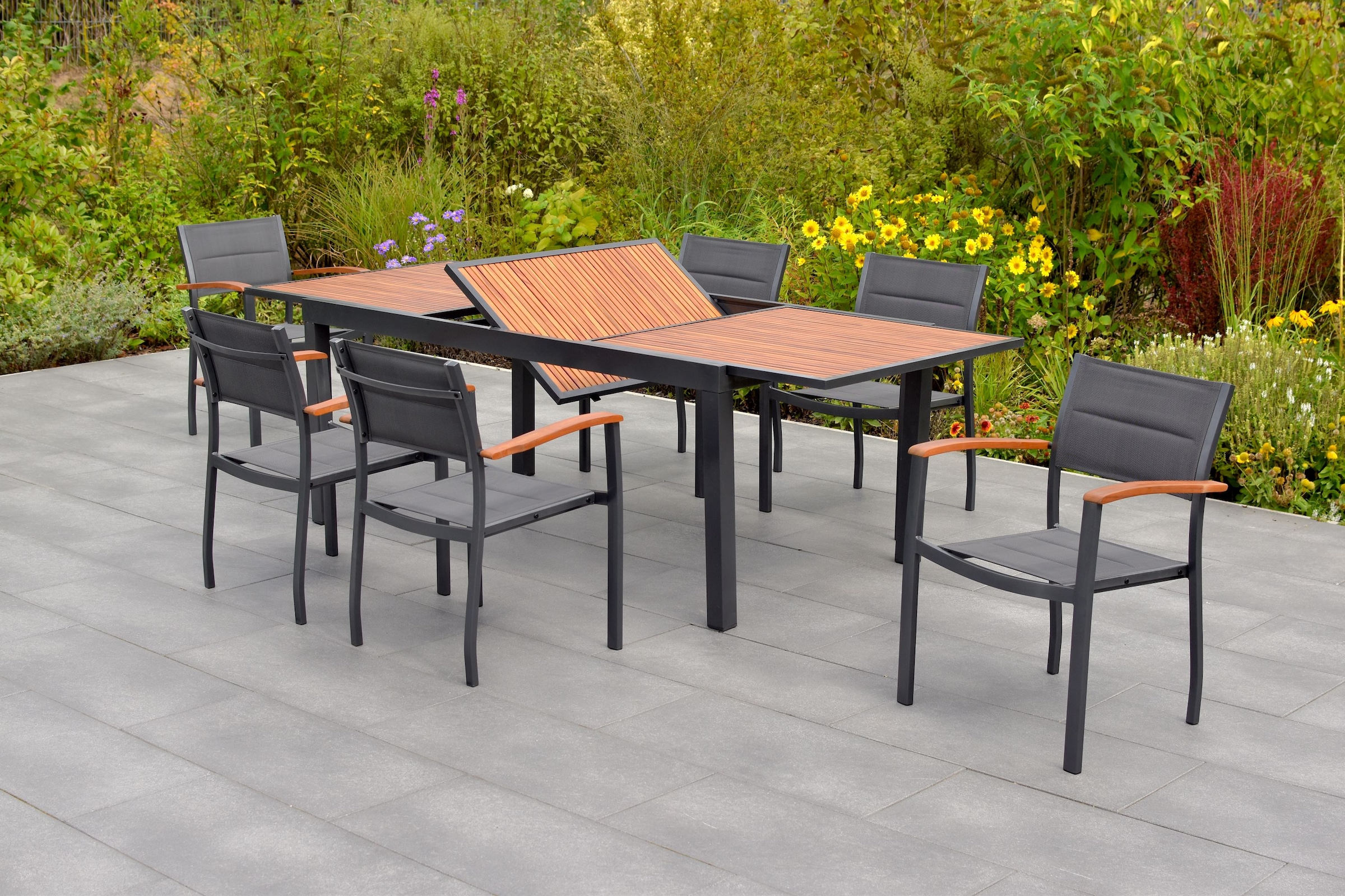 MERXX Garten-Essgruppe »»Paxos««, (Set, 7 tlg., Gepadded, pulverbeschichtetes Aluminiumgestell), Ausziehtisch: LxB: 180-240 x 100 cm