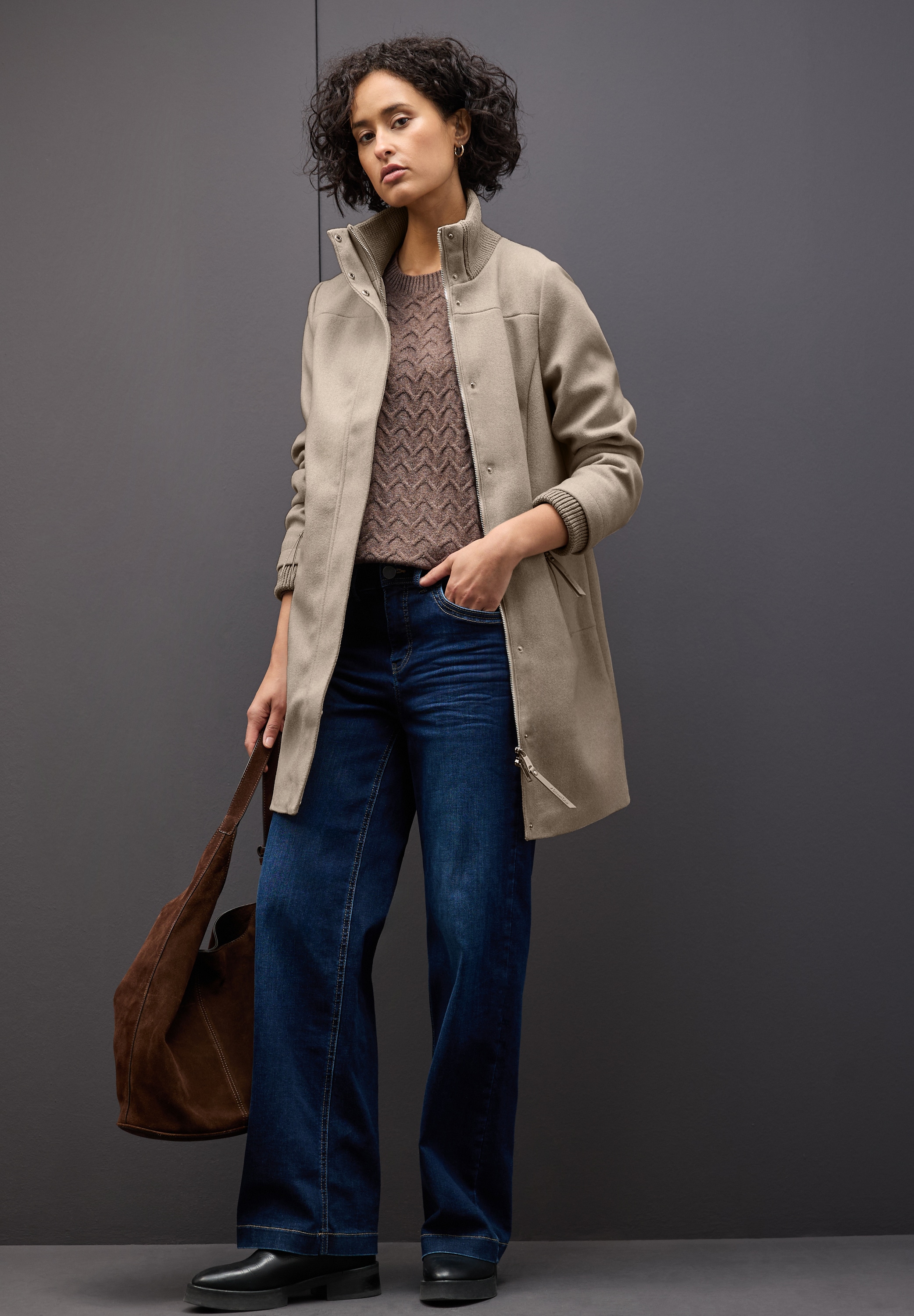 STREET ONE Wintermantel Stehkragen in Strickqualität, in Woll-Optik